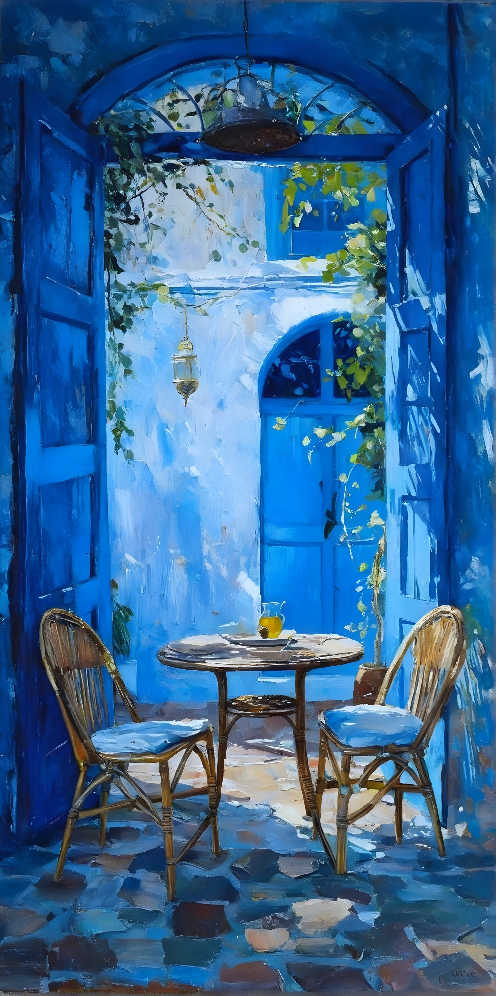 Serene Outdoor Setting with Wicker Chairs and Blue Tones