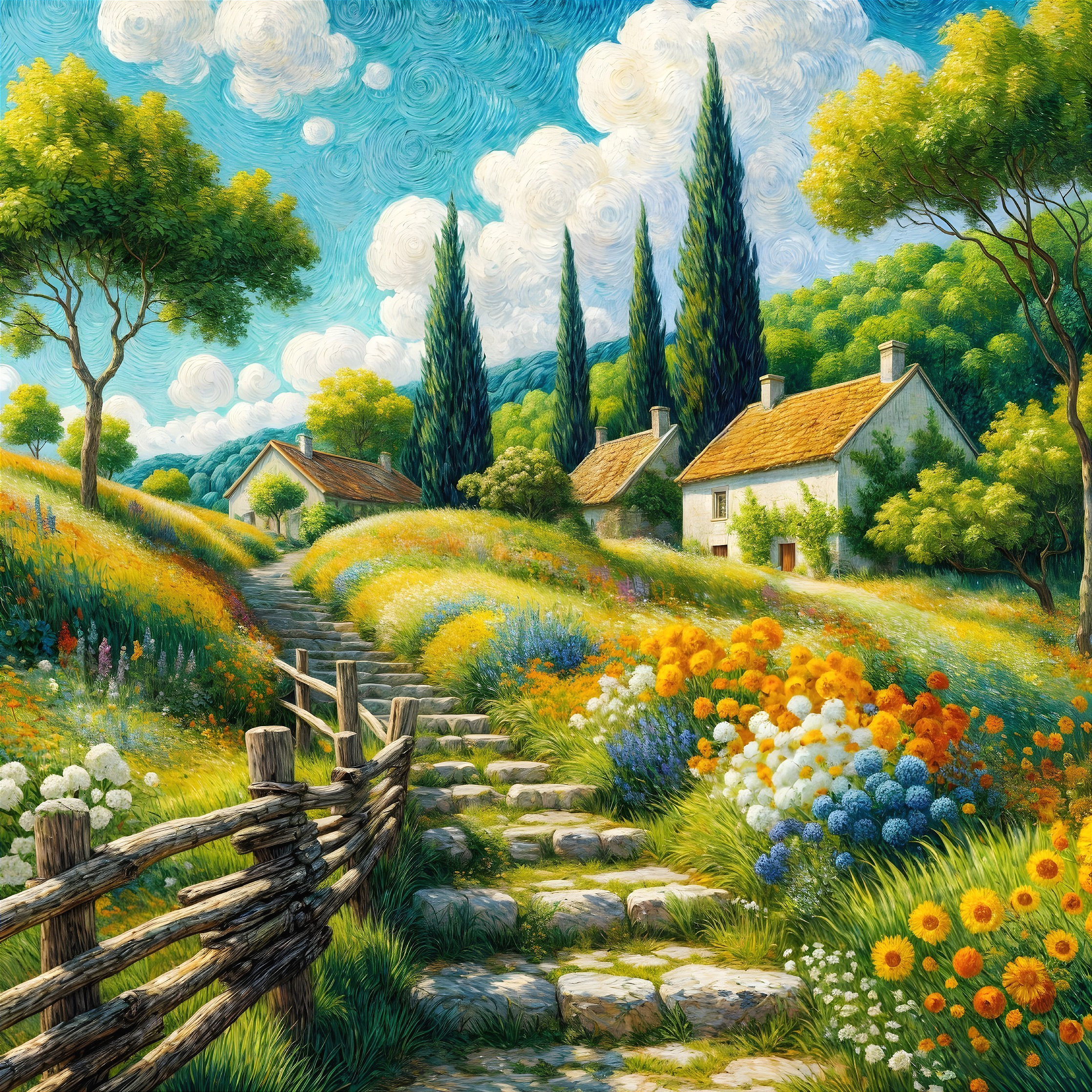 Vibrant Countryside Landscape with Wildflowers and Hills