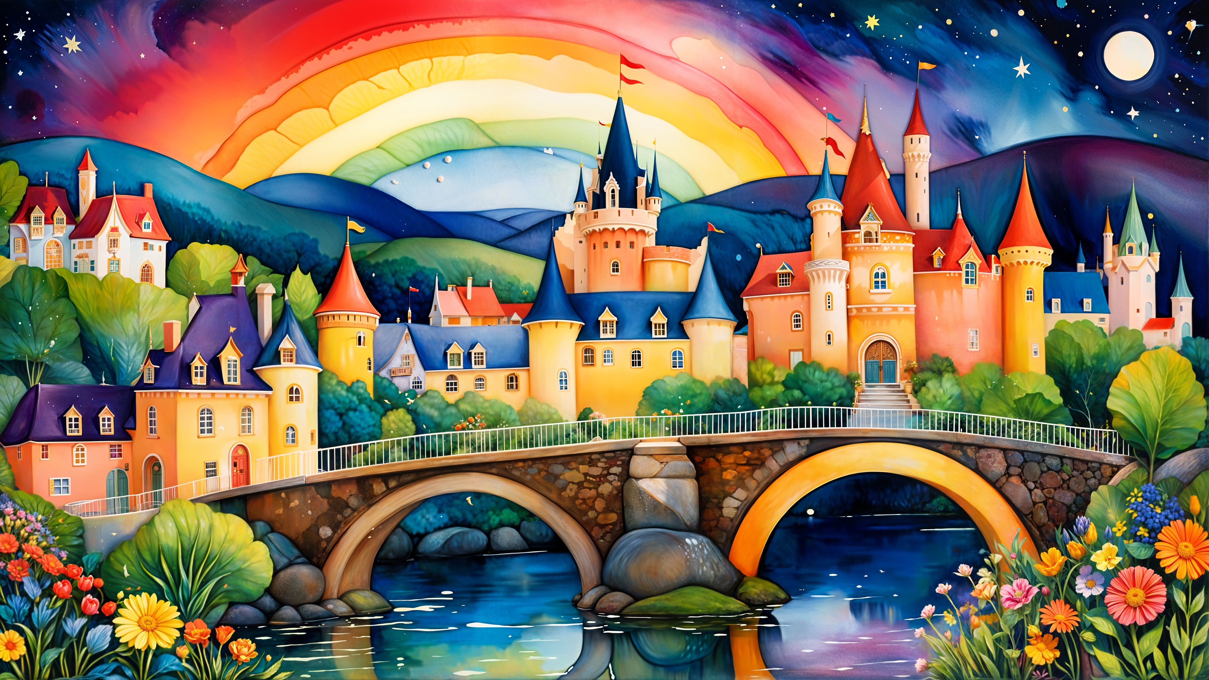 Vibrant Fairytale Landscape with Castle and Rainbow