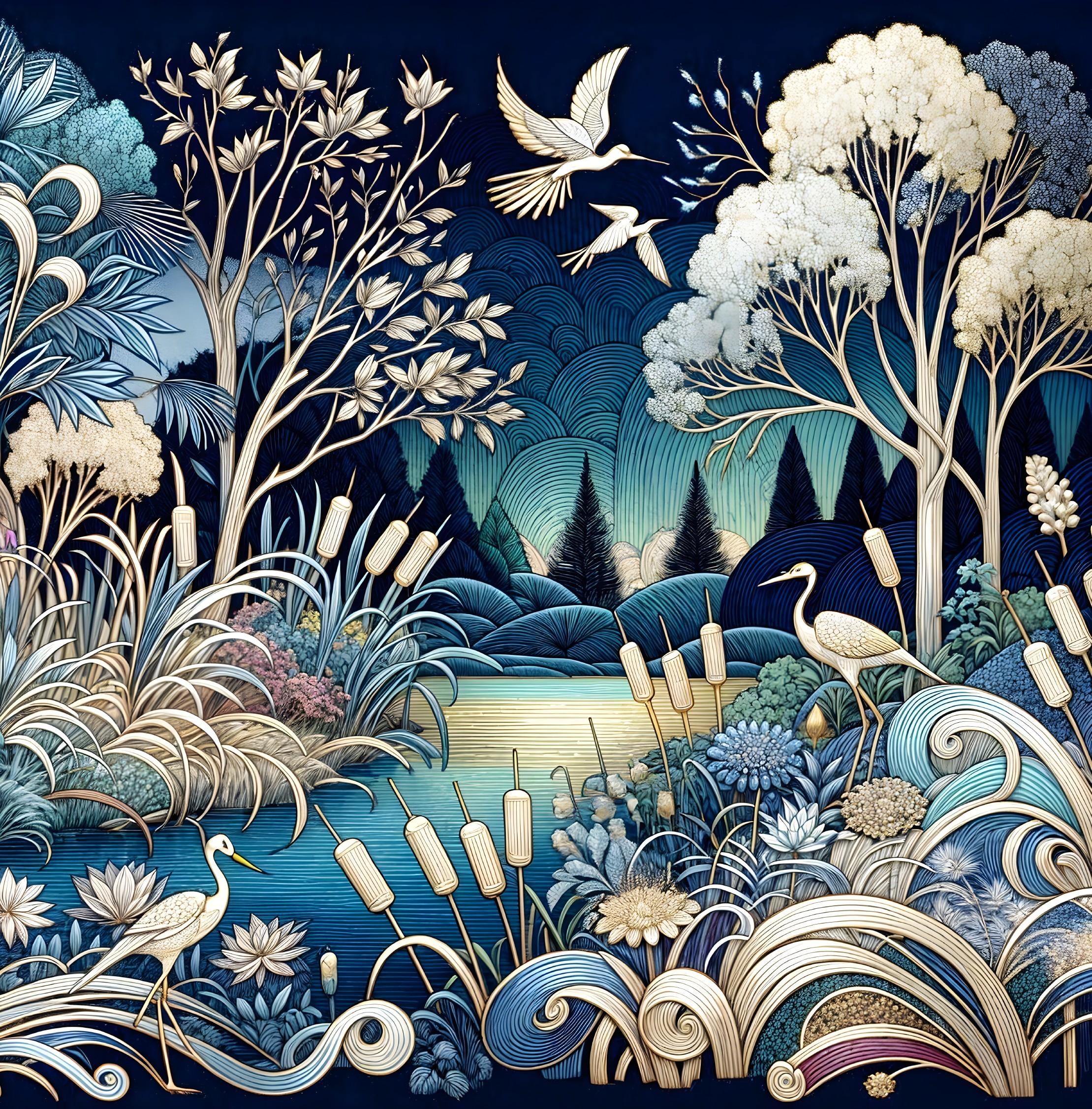 Tranquil Night Scene with Pond and Herons
