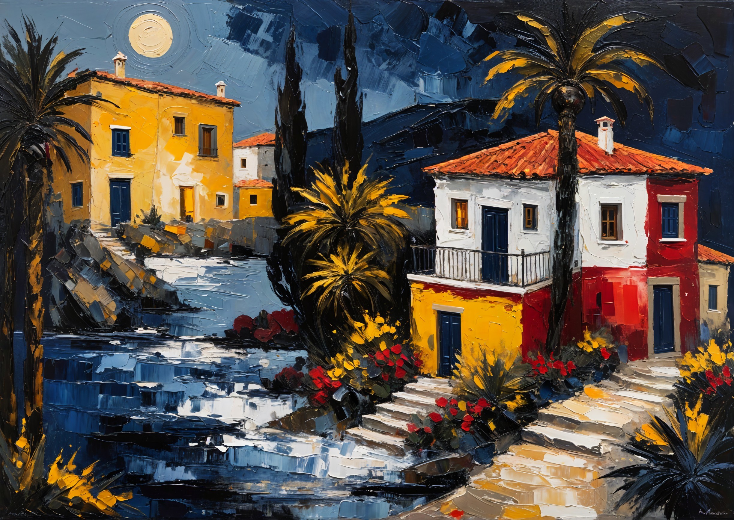 Vibrant Nocturnal Scene with Colorful Houses and Palm Trees