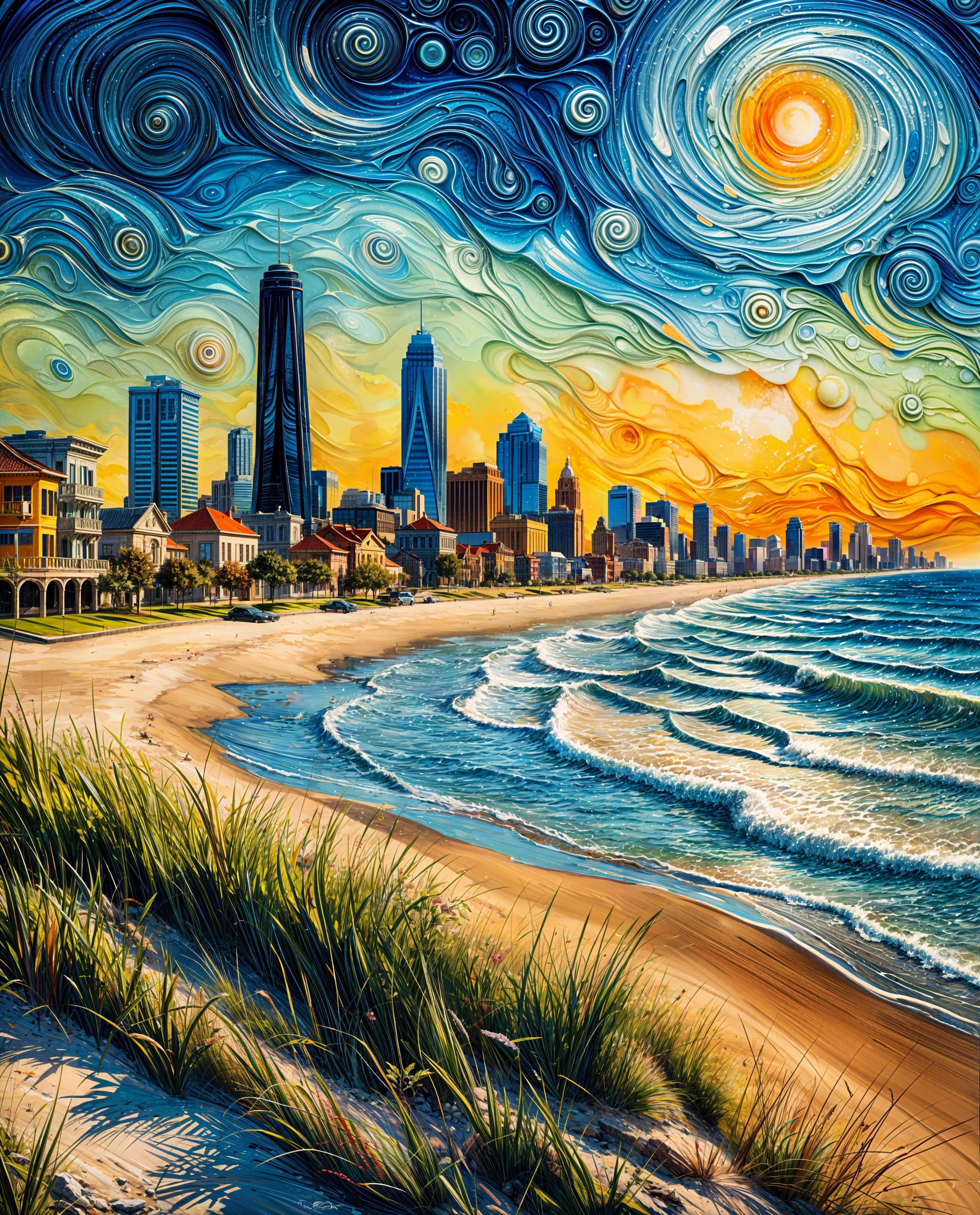 Coastal City Skyline at Sunset with Vibrant Colors