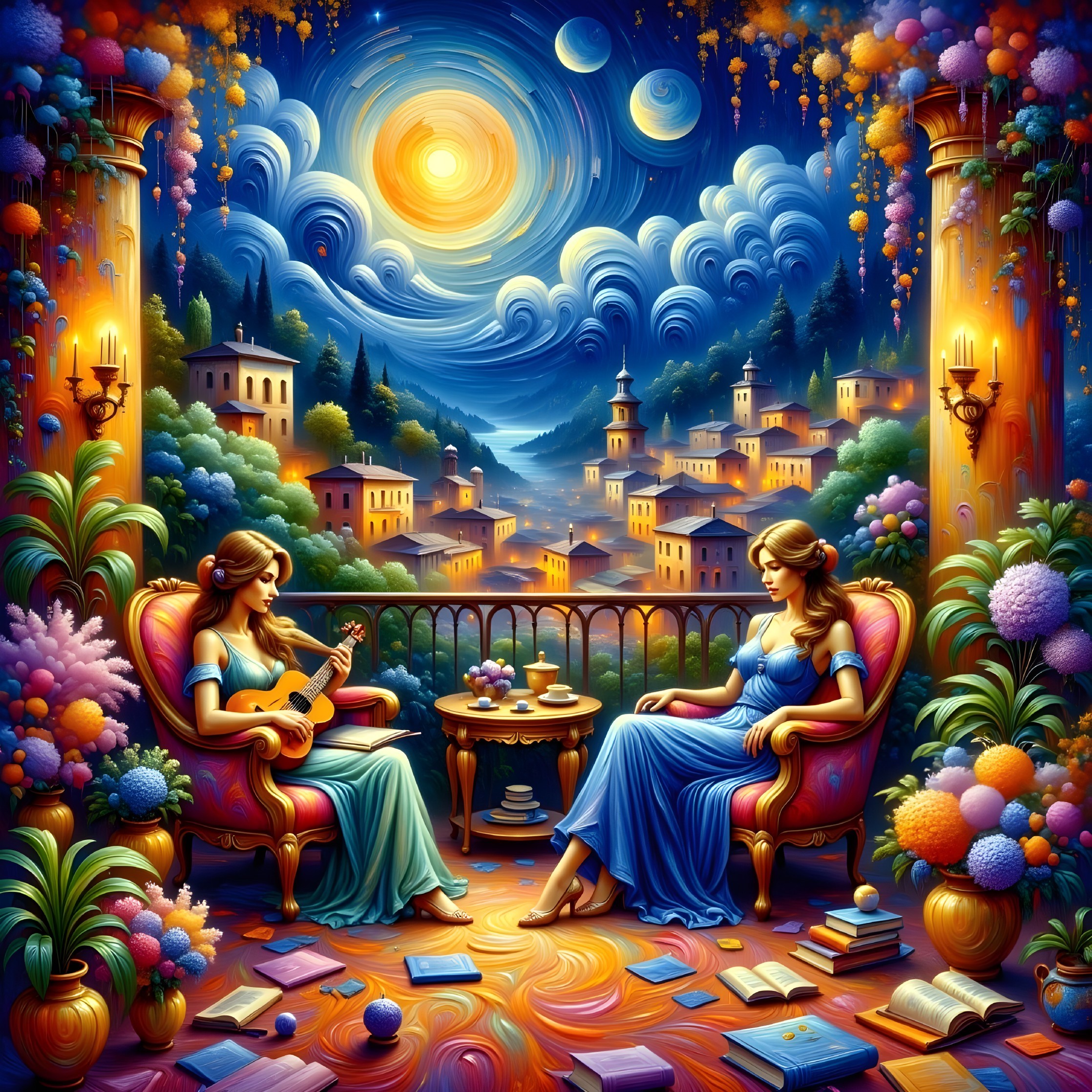 Elegant Women on Balcony in Dreamlike Landscape