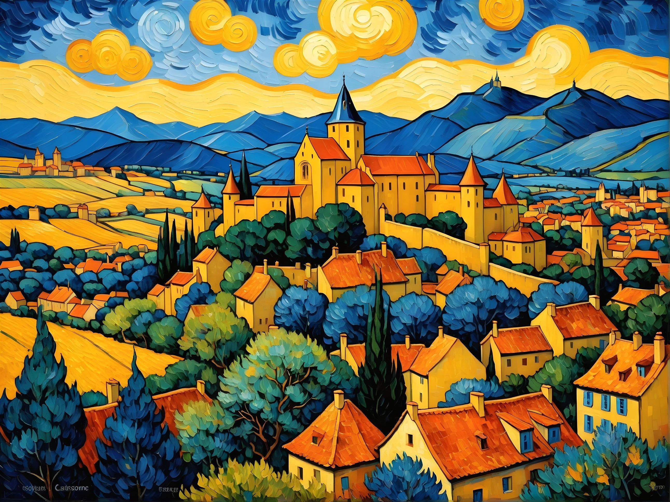 Vibrant Landscape with Castle and Picturesque Town