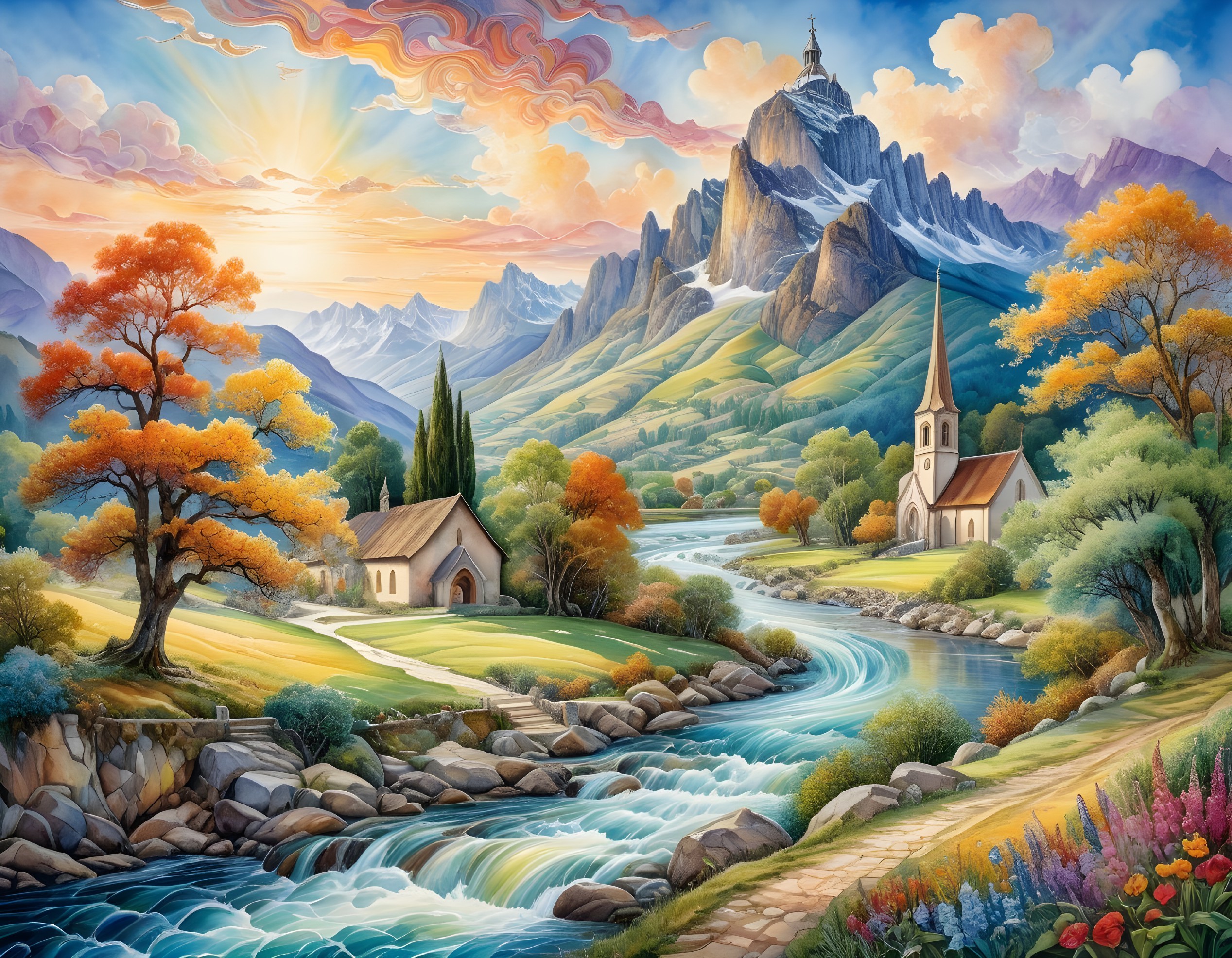 Serene Landscape with River and Autumn Foliage