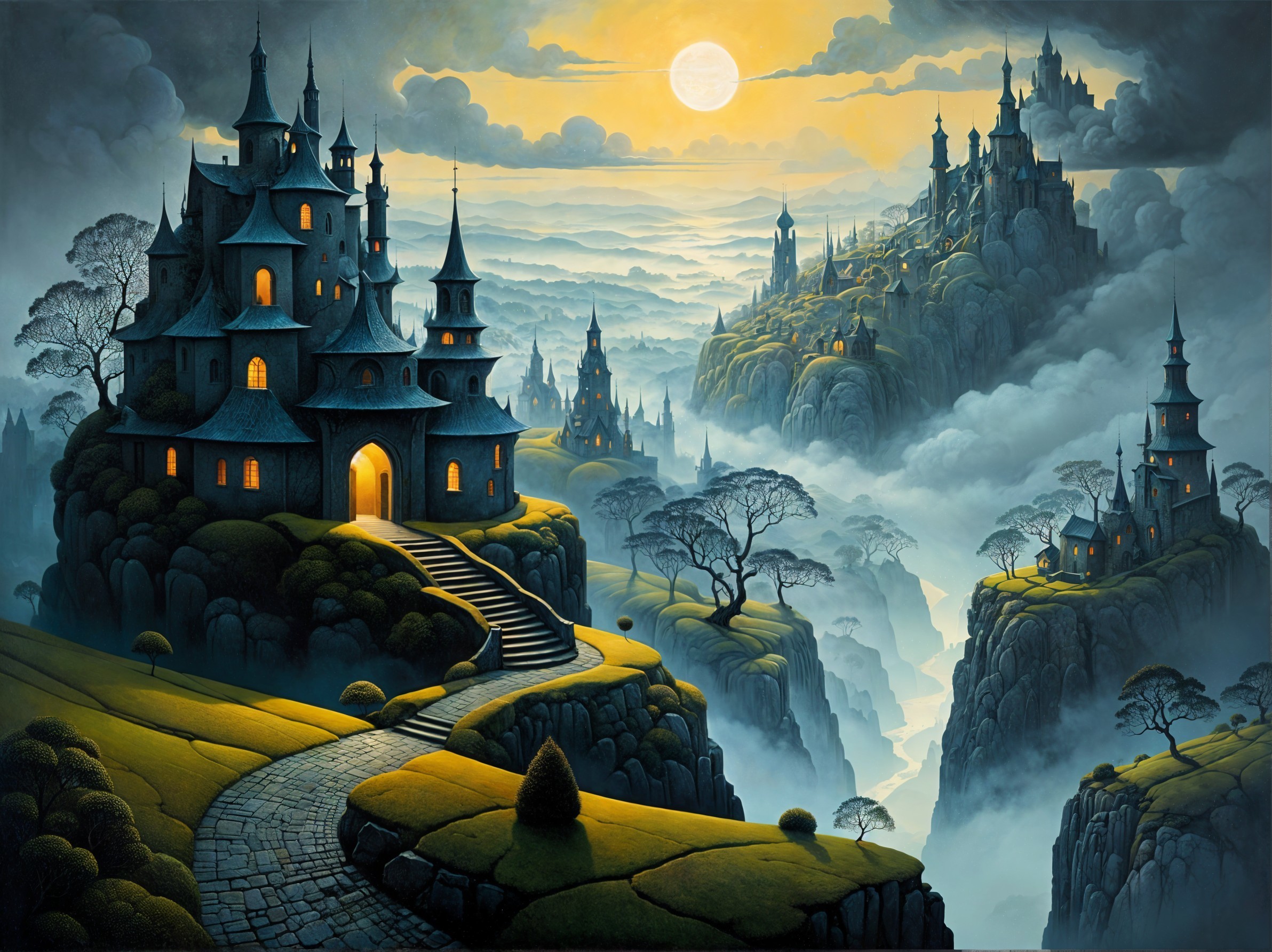 Mystical Landscape with Castles and Ethereal Mist