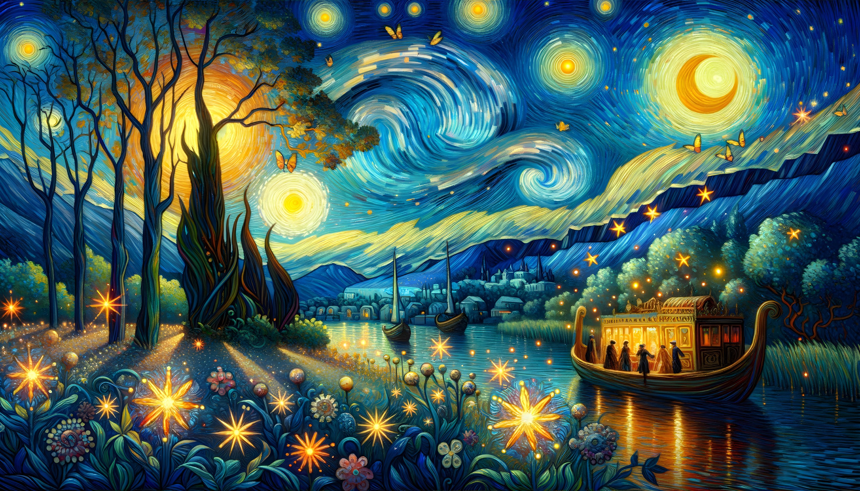 Colorful nocturnal landscape with swirling skies, gondola, trees, and glowing flowers