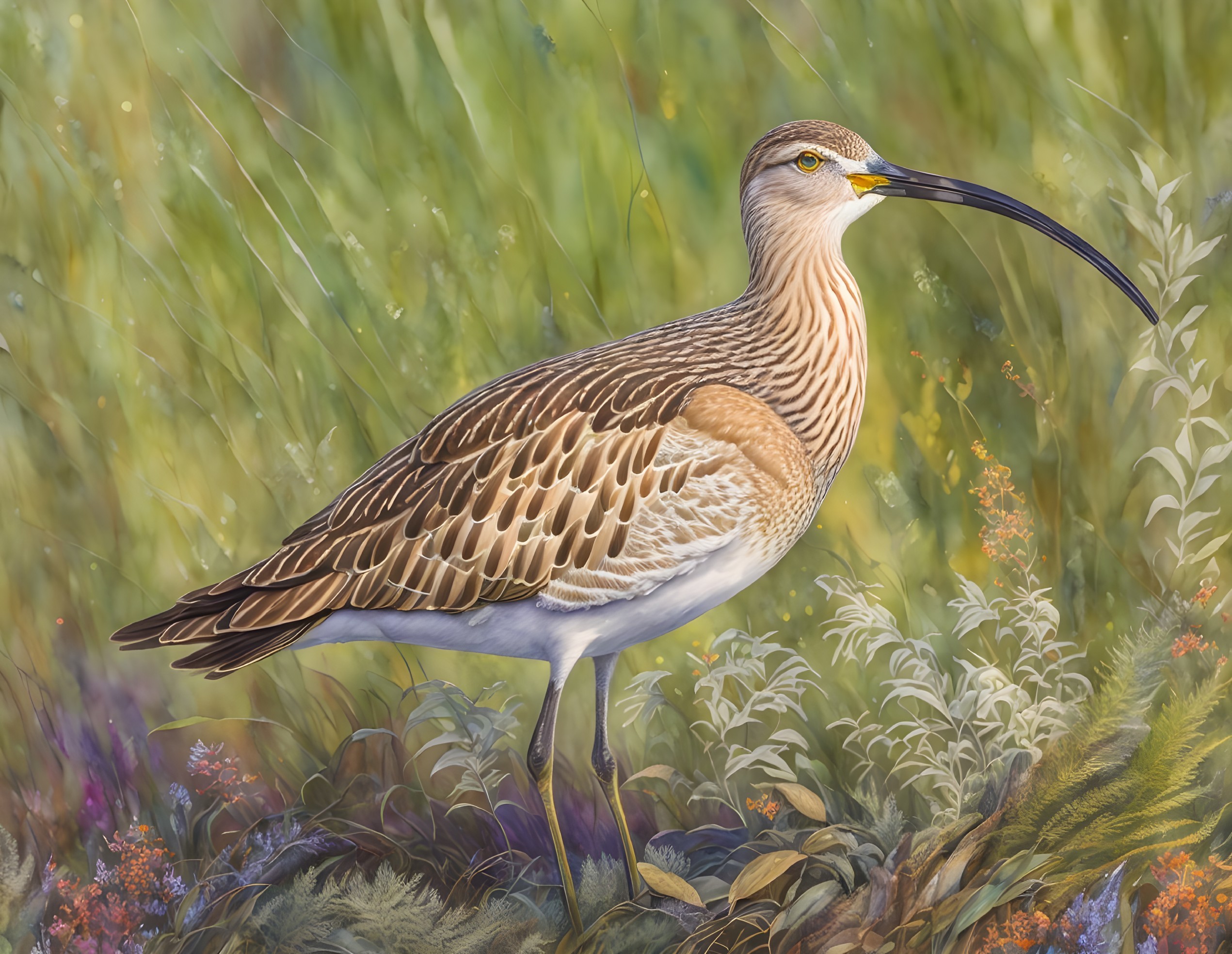 Curlew in Colorful Meadow with Wildflowers and Grasses