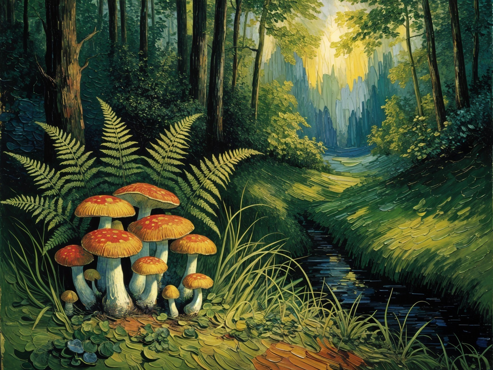 Lush forest scene with red-capped mushrooms and ferns