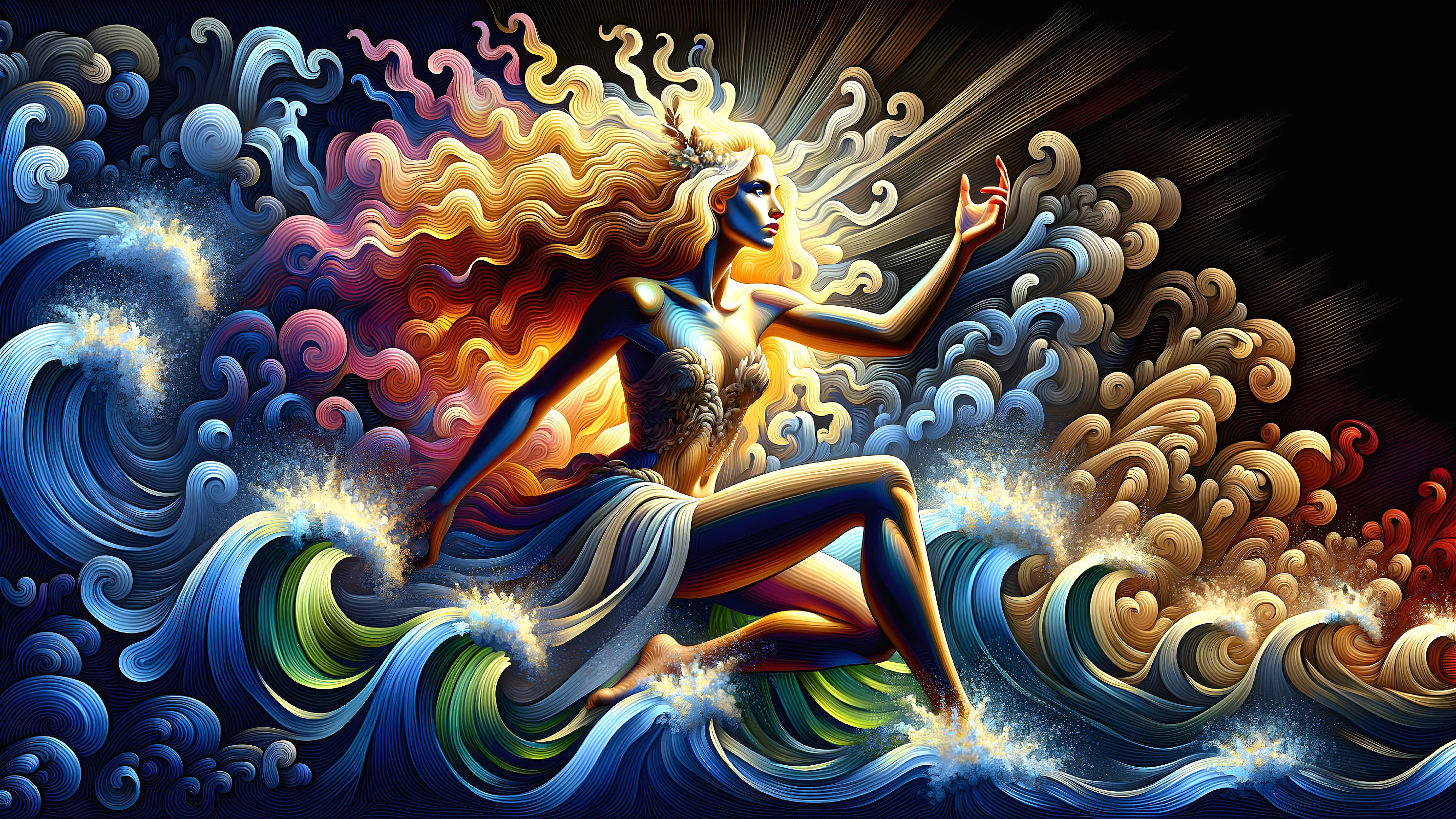 Mystical figure with golden hair in vibrant waves