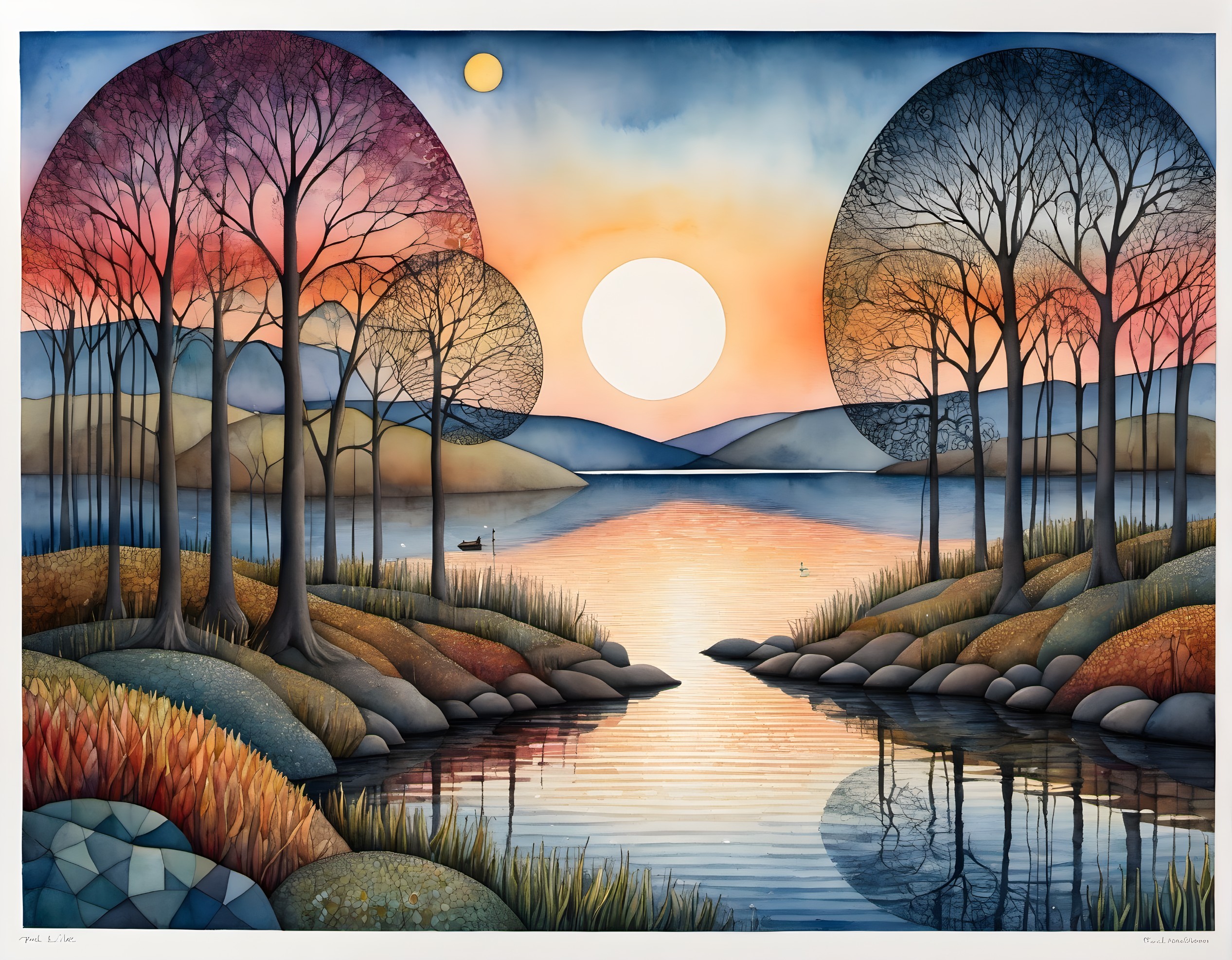 Serene Landscape with Symmetrical Circles and Sunset