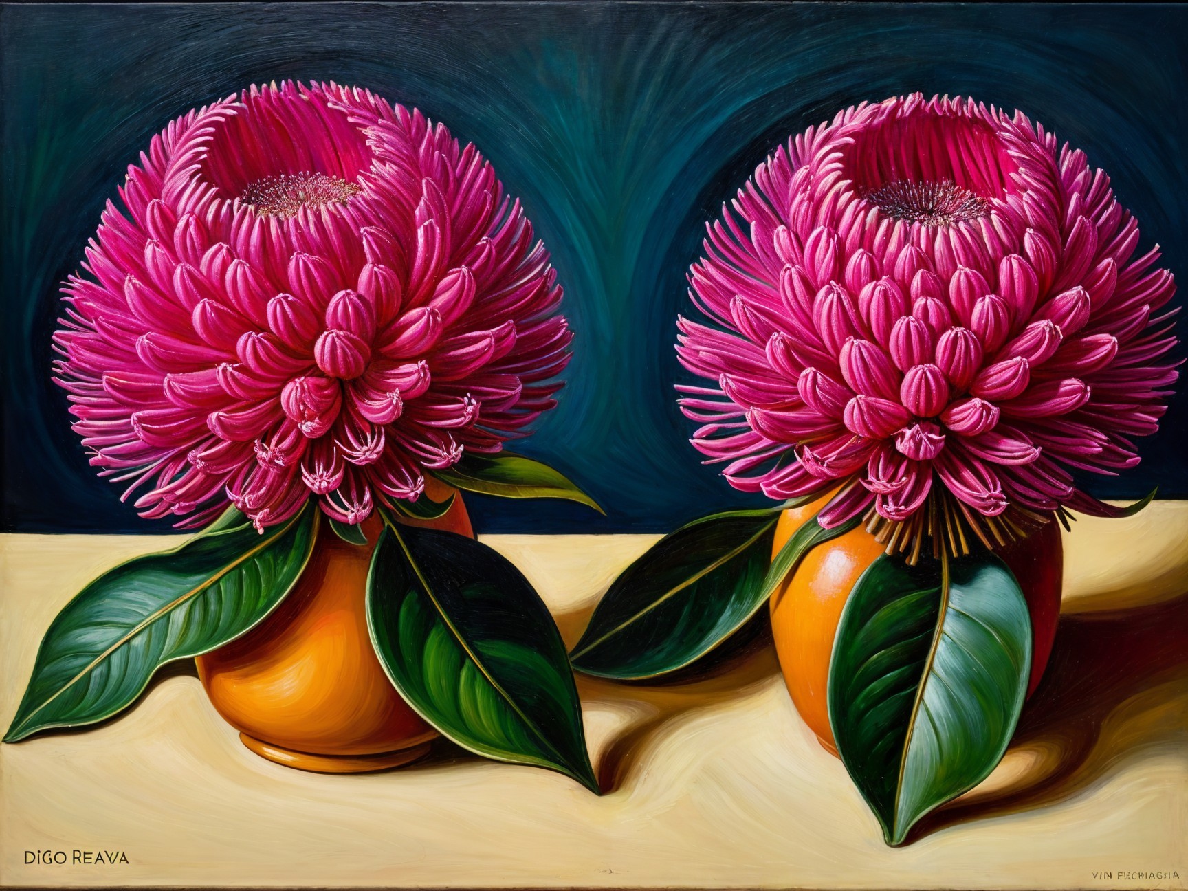 Vibrant Flowers in Orange Vases with Dark Background