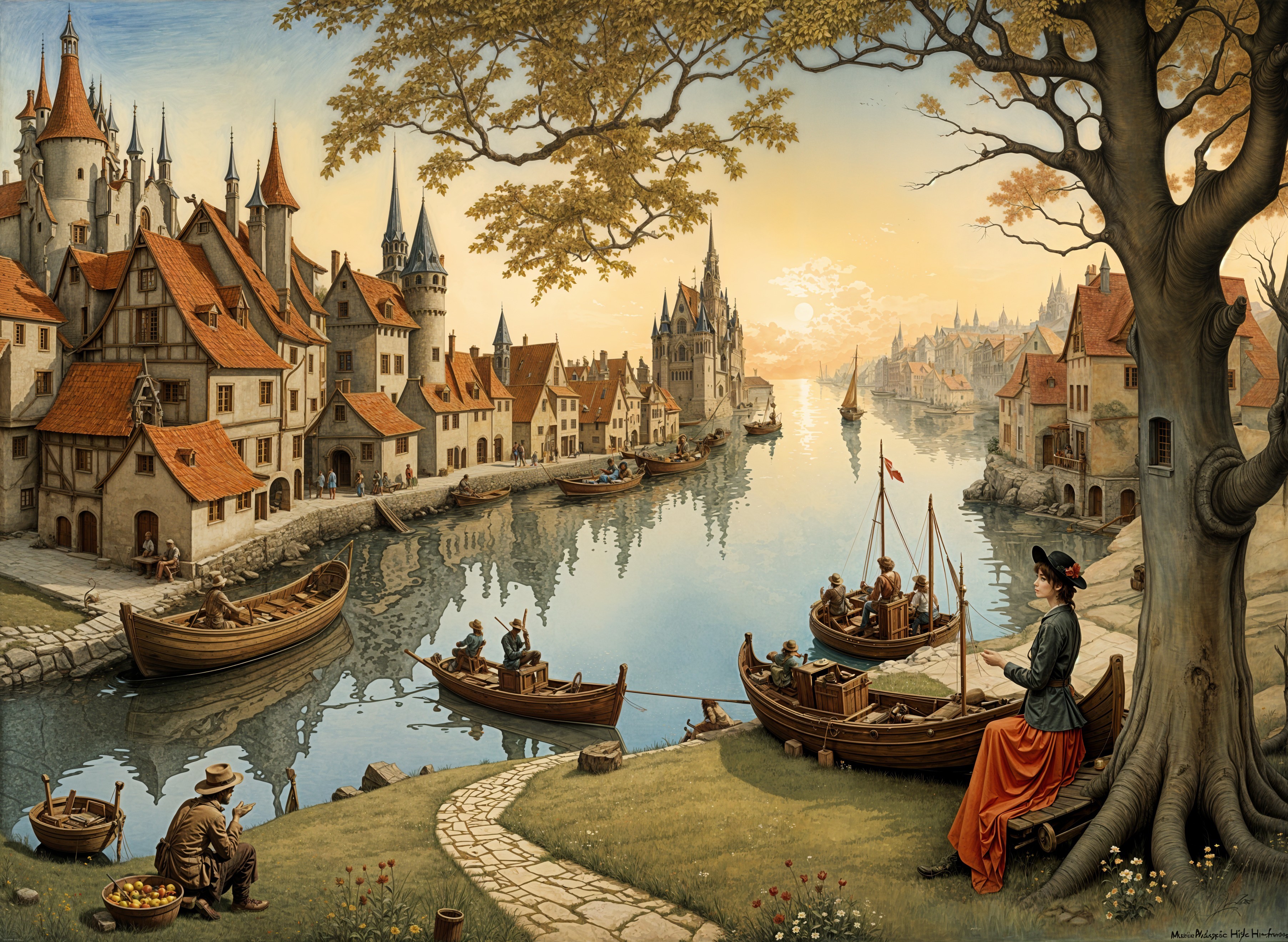 Medieval Town by Riverside at Sunset with Boats