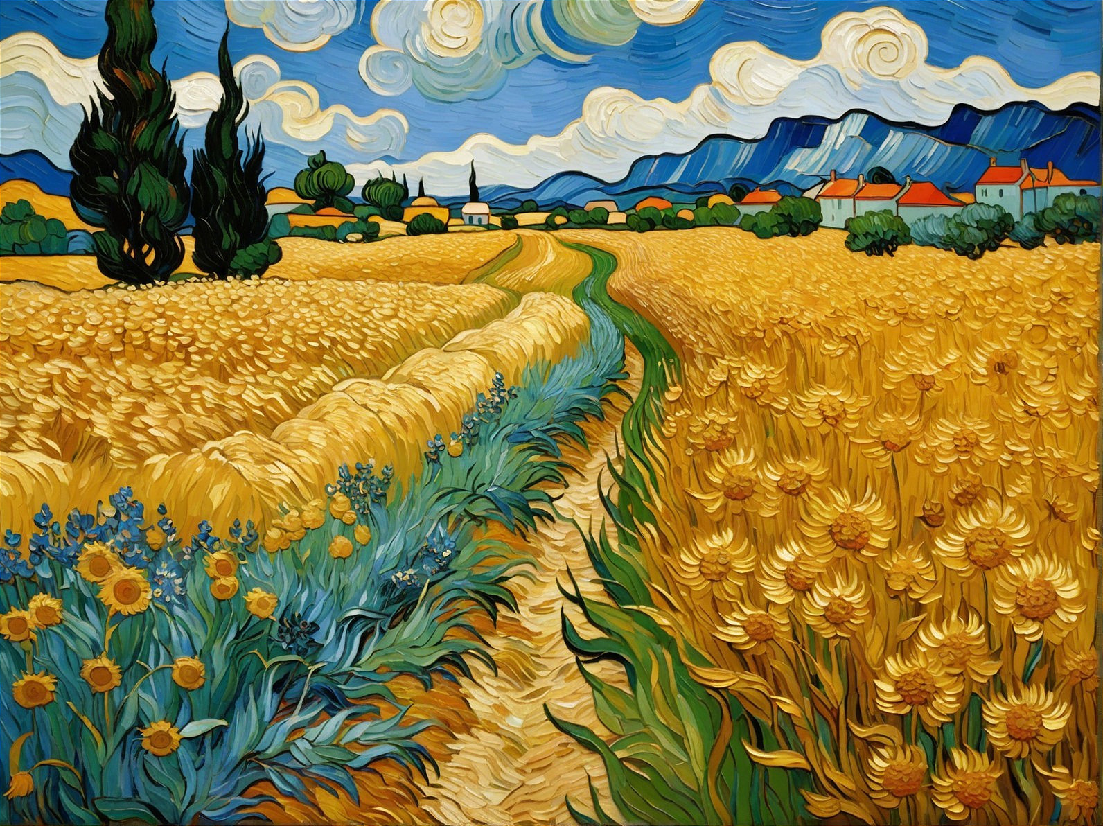 Vibrant Landscape with Wheat Field and Sunflowers