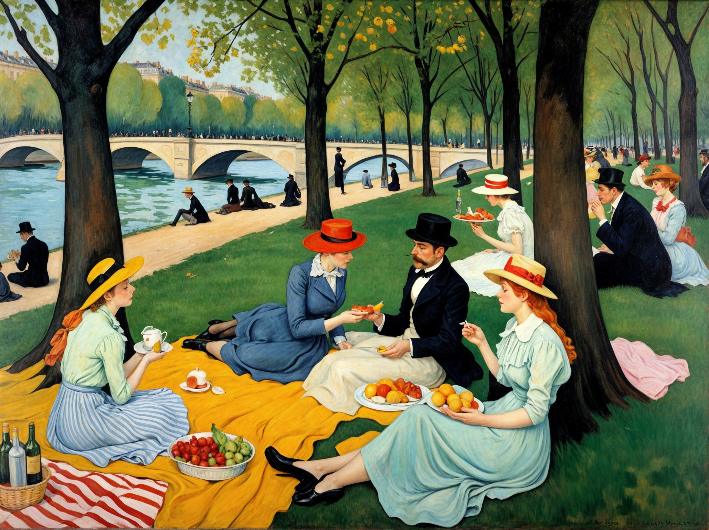 19th-Century Riverside Picnic Scene with Elegant Guests