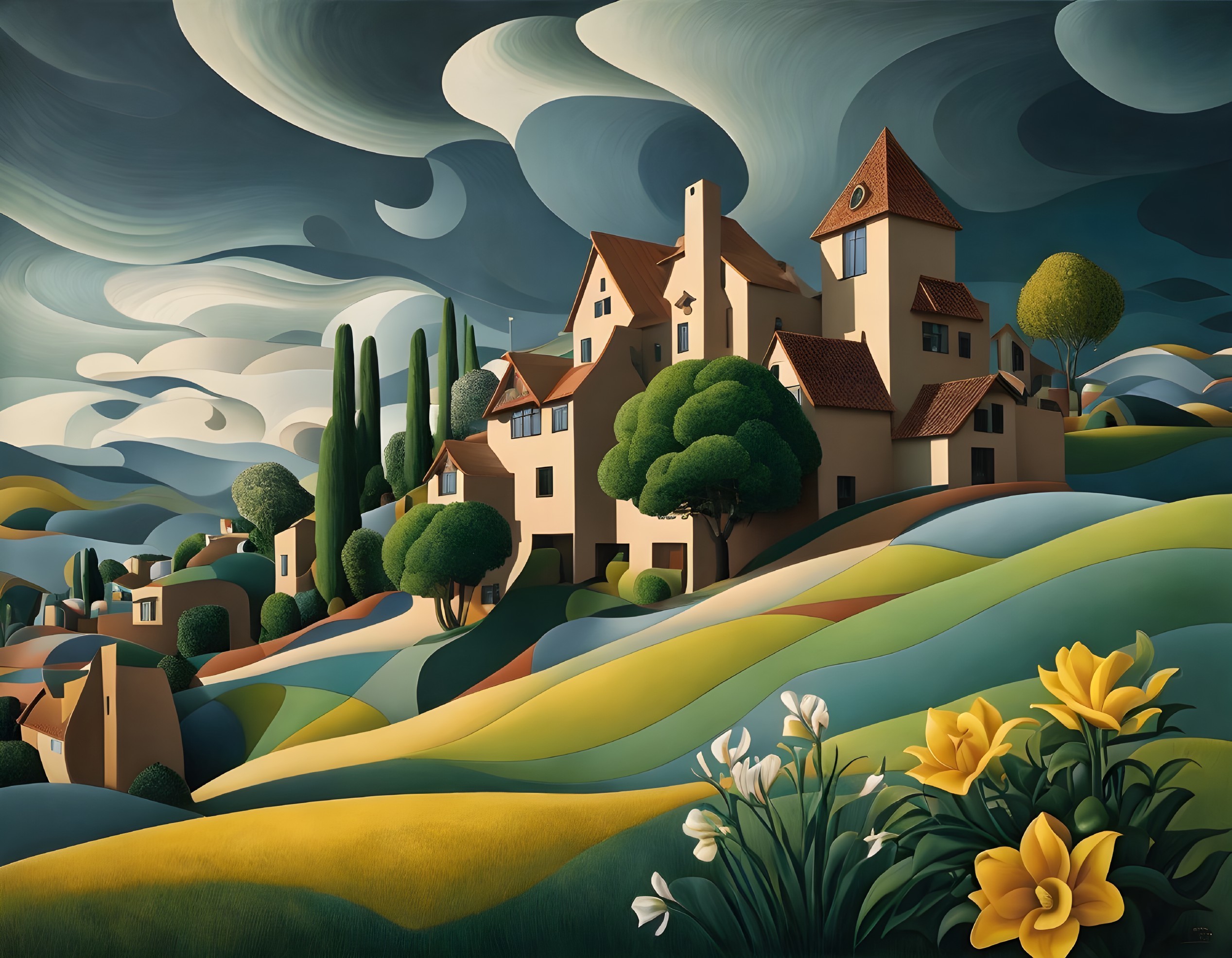Stylized landscape with rolling hills, central house, cypress trees, swirling clouds, and yellow