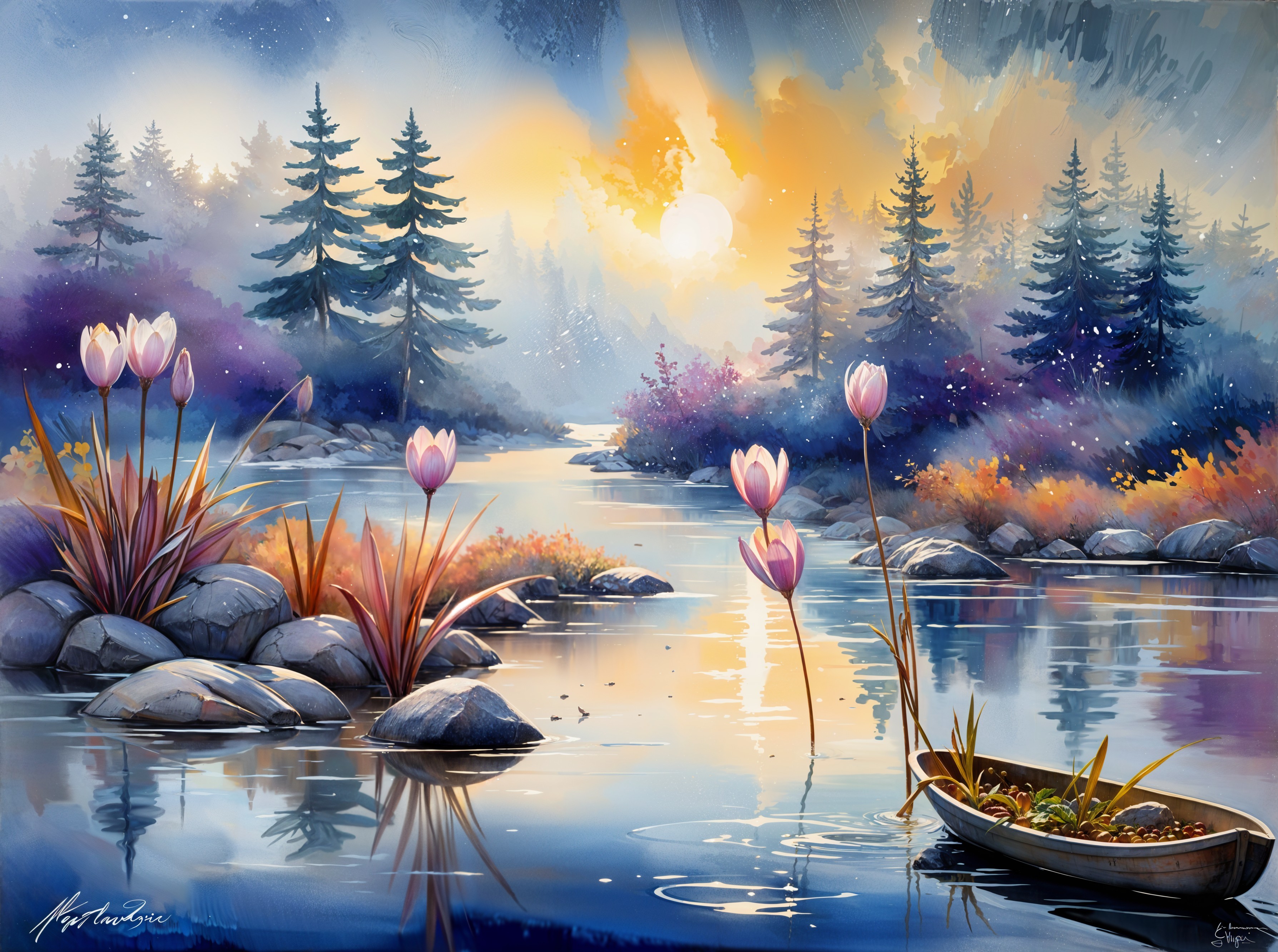 Tranquil River Landscape at Sunrise with Lotus Flowers