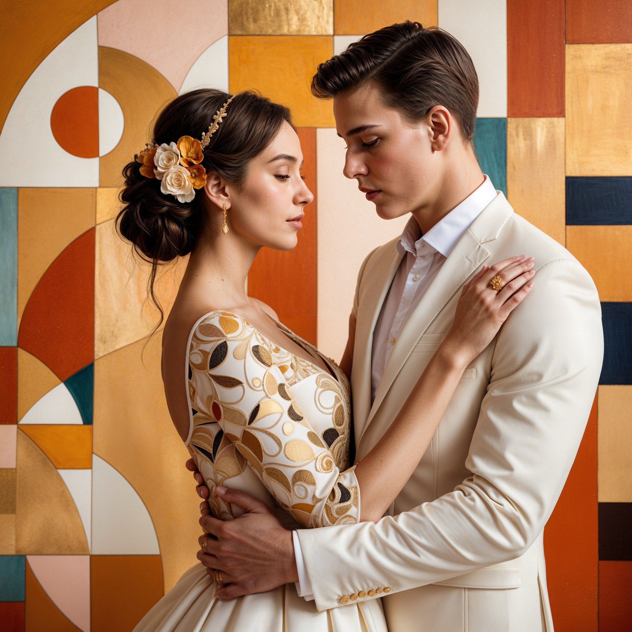 Couple Embraces in Front of Abstract Mural