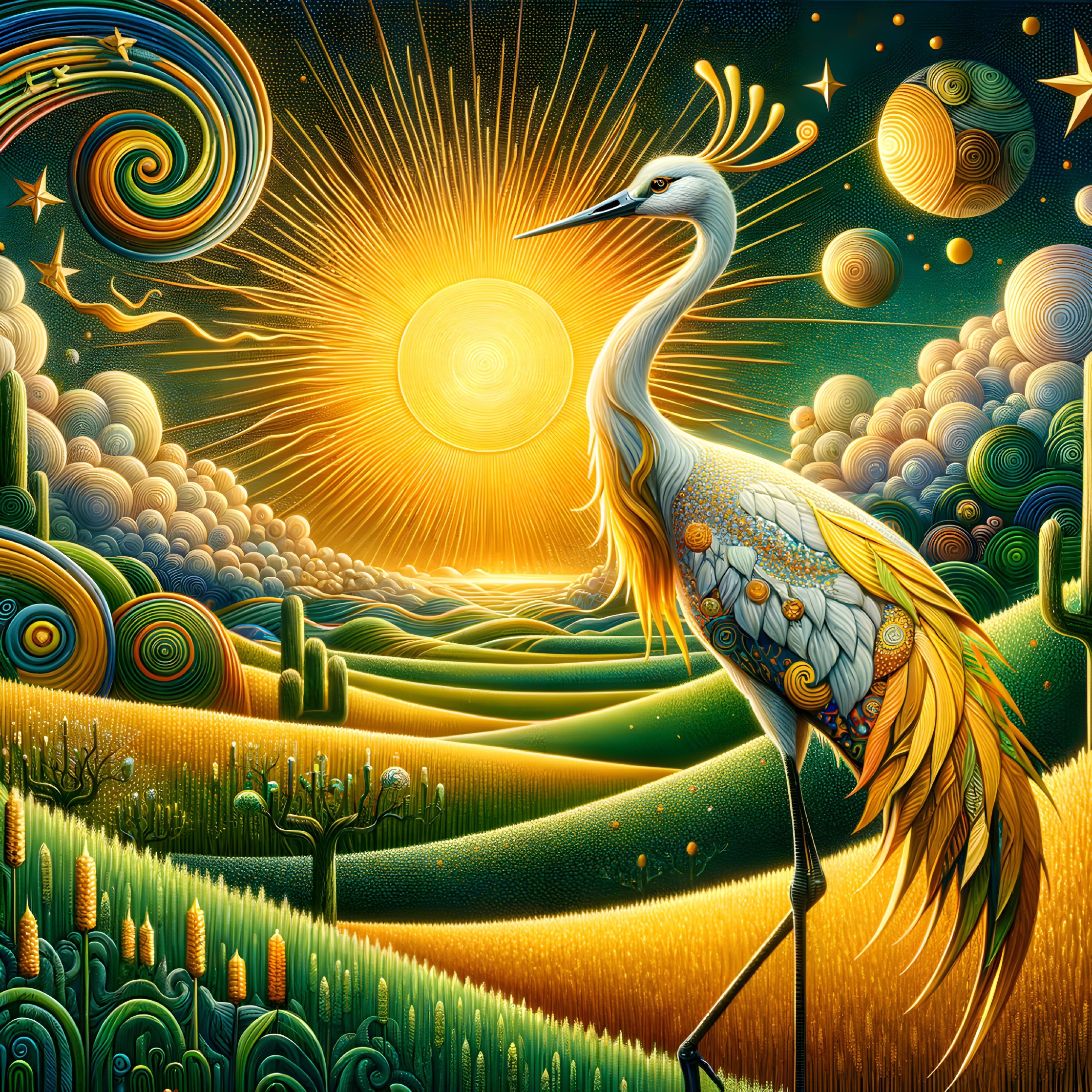 Majestic crane in vibrant landscape with colorful patterns