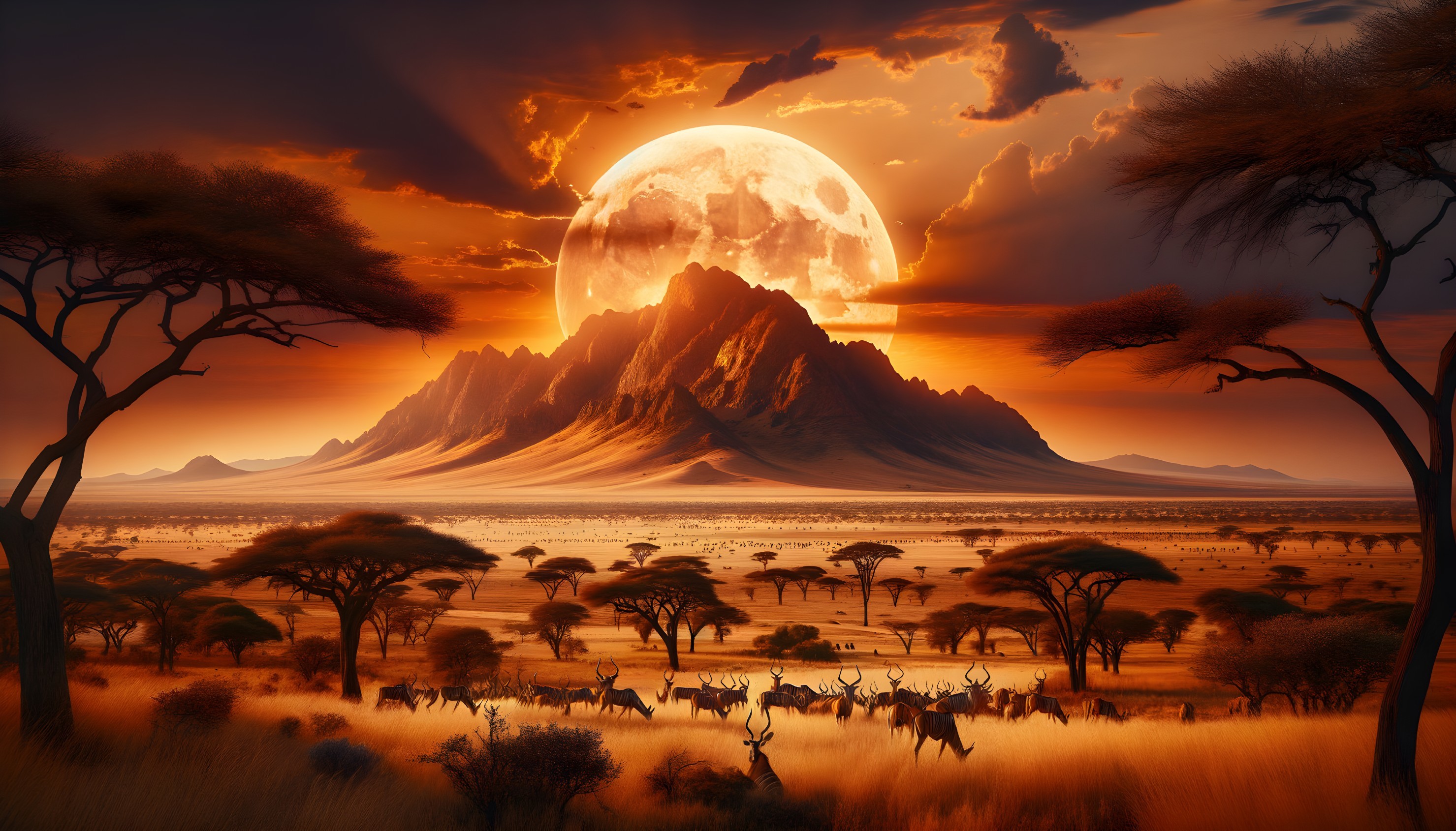 African Savanna Landscape at Sunset with Elephants