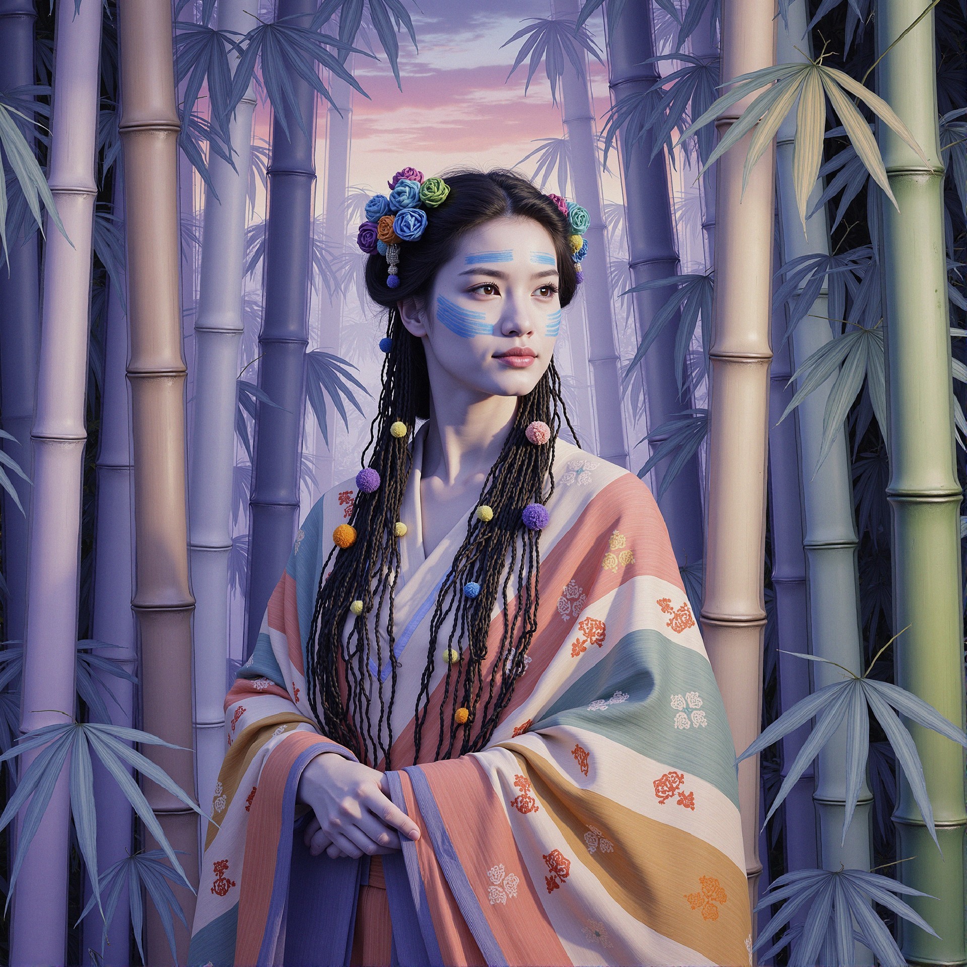 Young Woman in Vibrant Kimono in Bamboo Grove