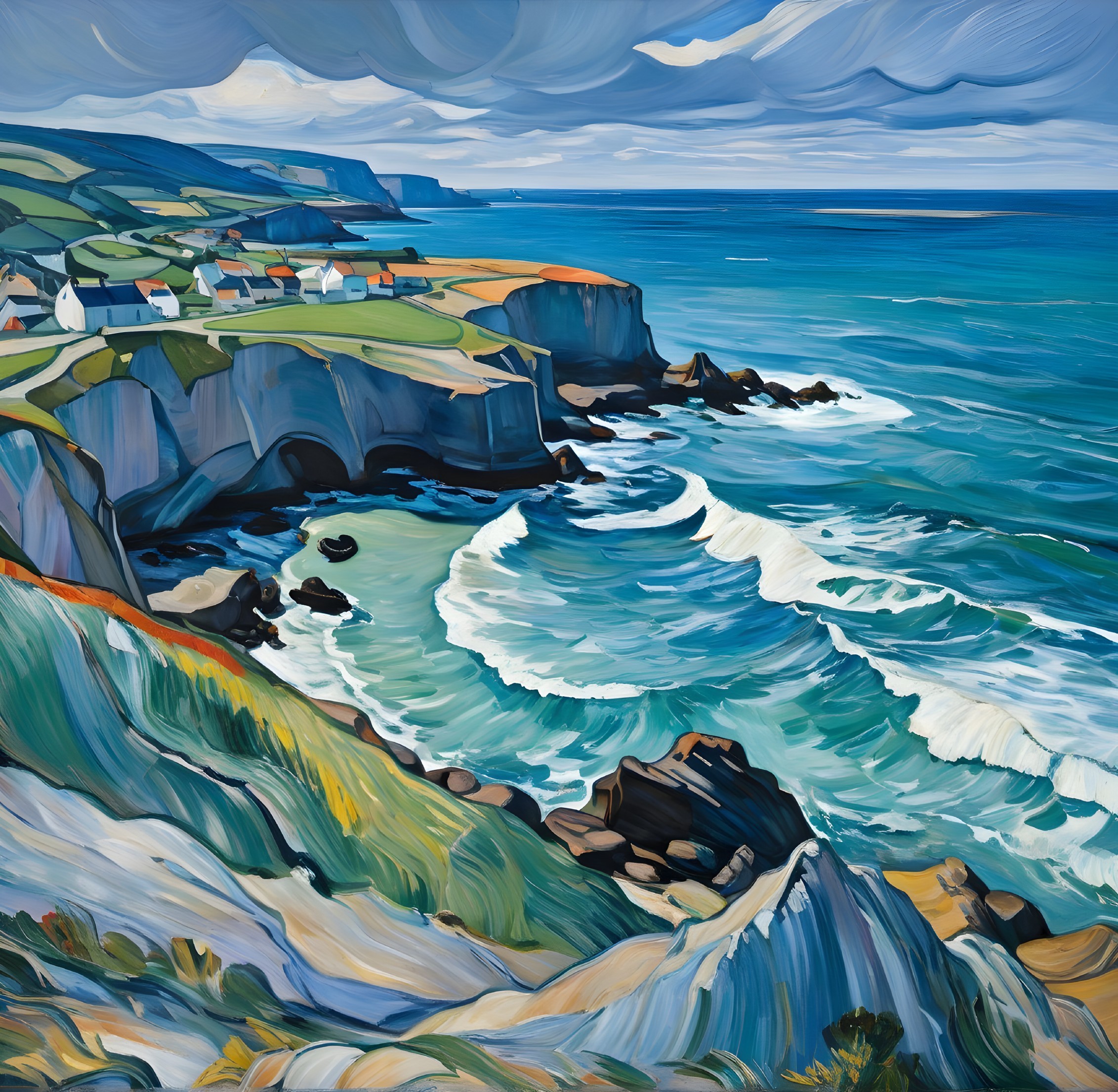 Vibrant Coastal Landscape with Cliffs and Cottages