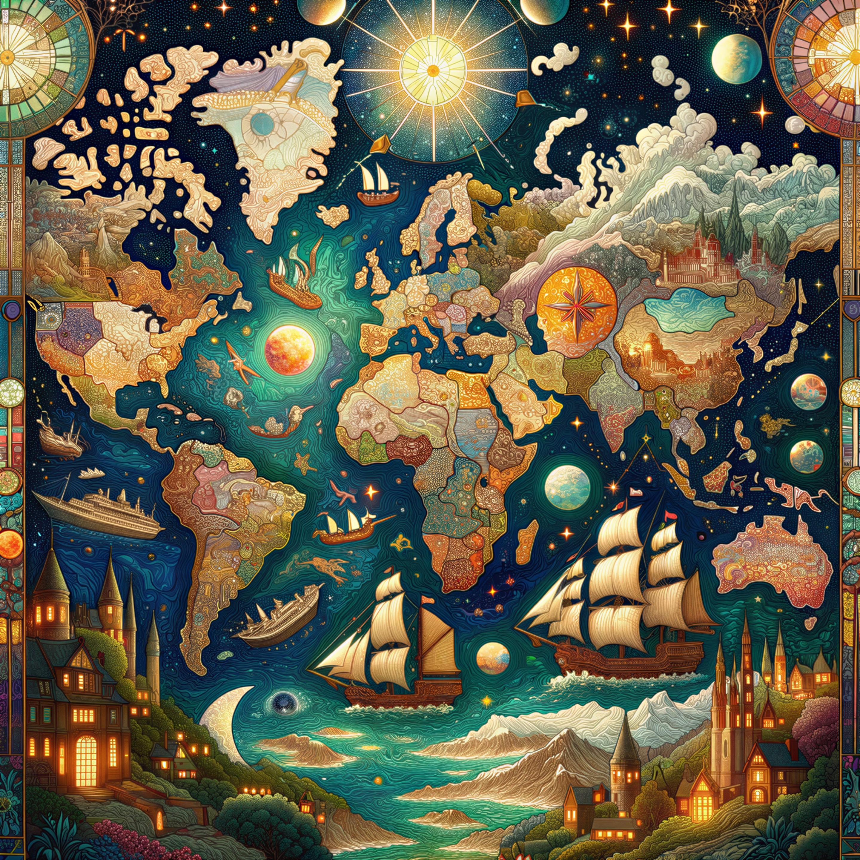 Vibrant World Map Illustration with Celestial Motifs