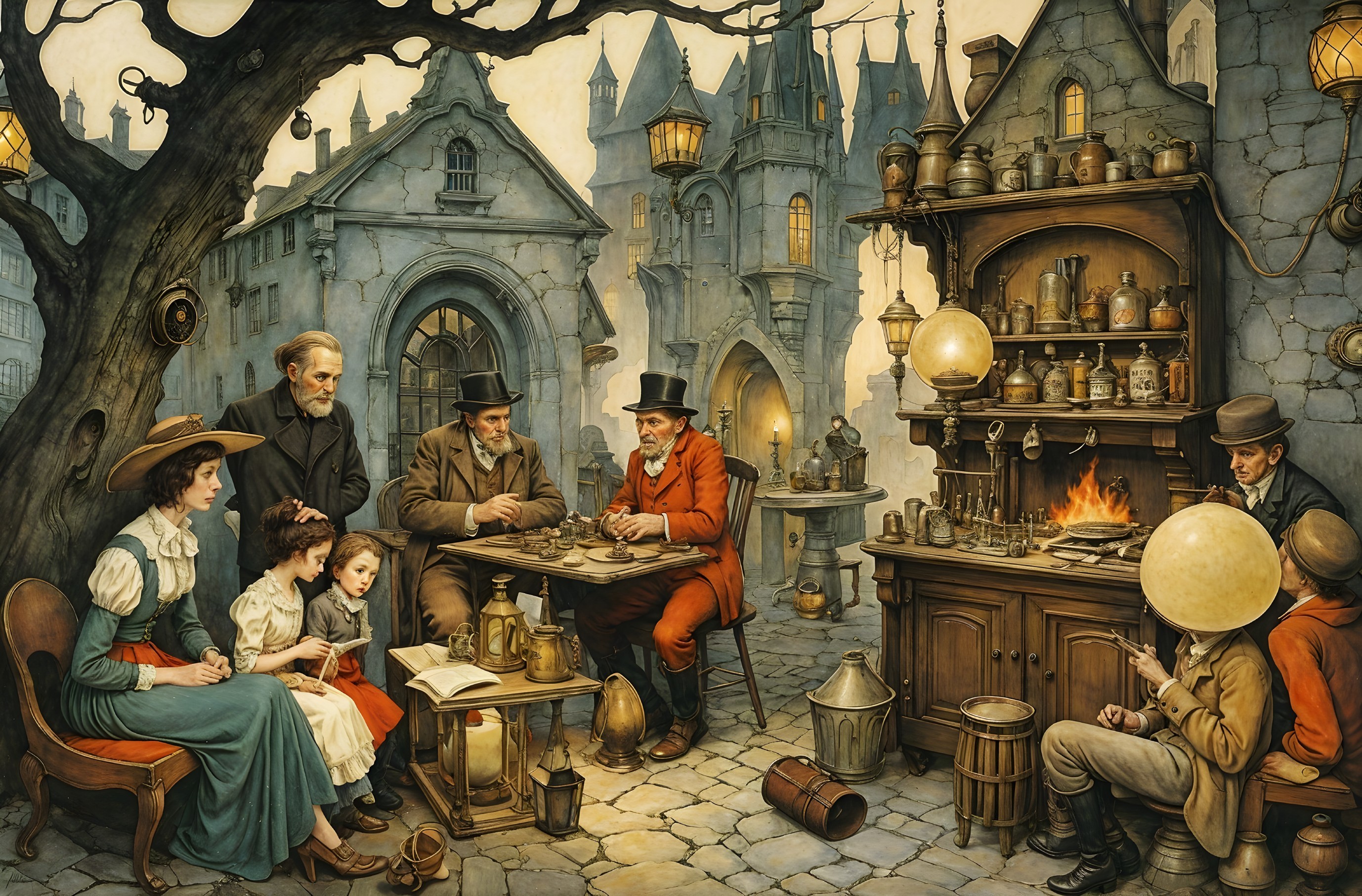 Medieval Village Gathering with Lanterns and Curiosities