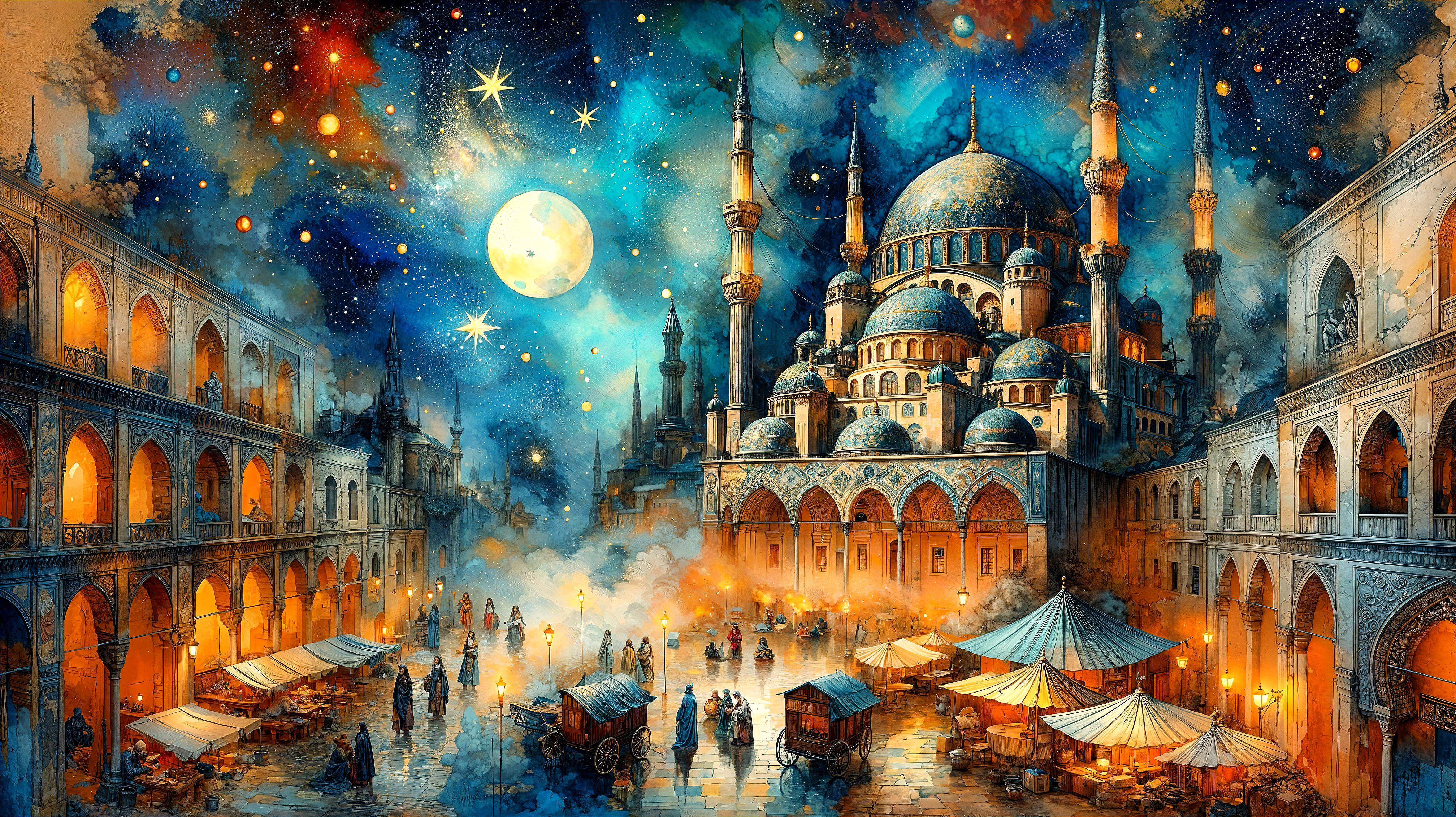 Vibrant Nighttime Marketplace with Mosque and Lanterns