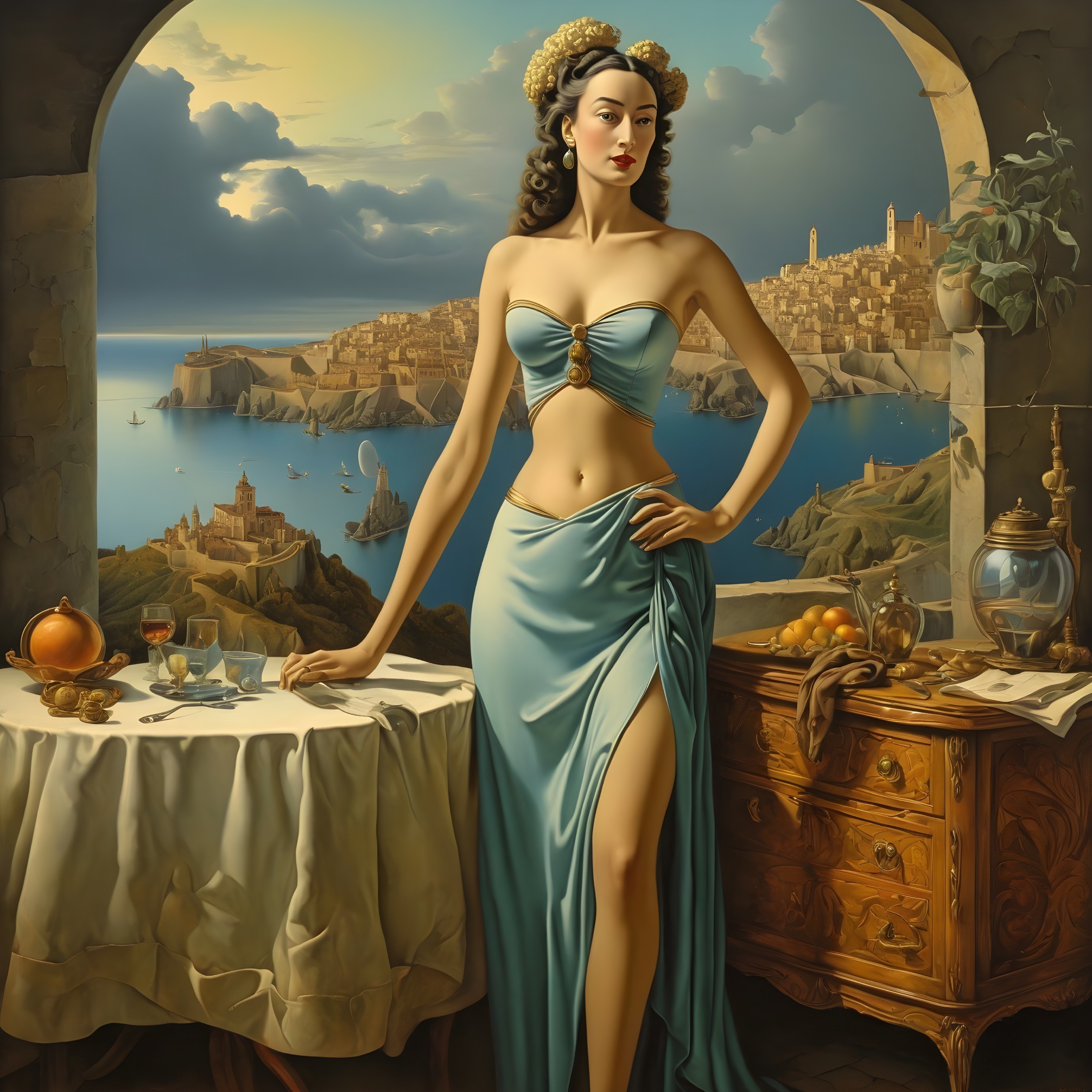 Elegant Woman in Turquoise Dress by Coastal Window