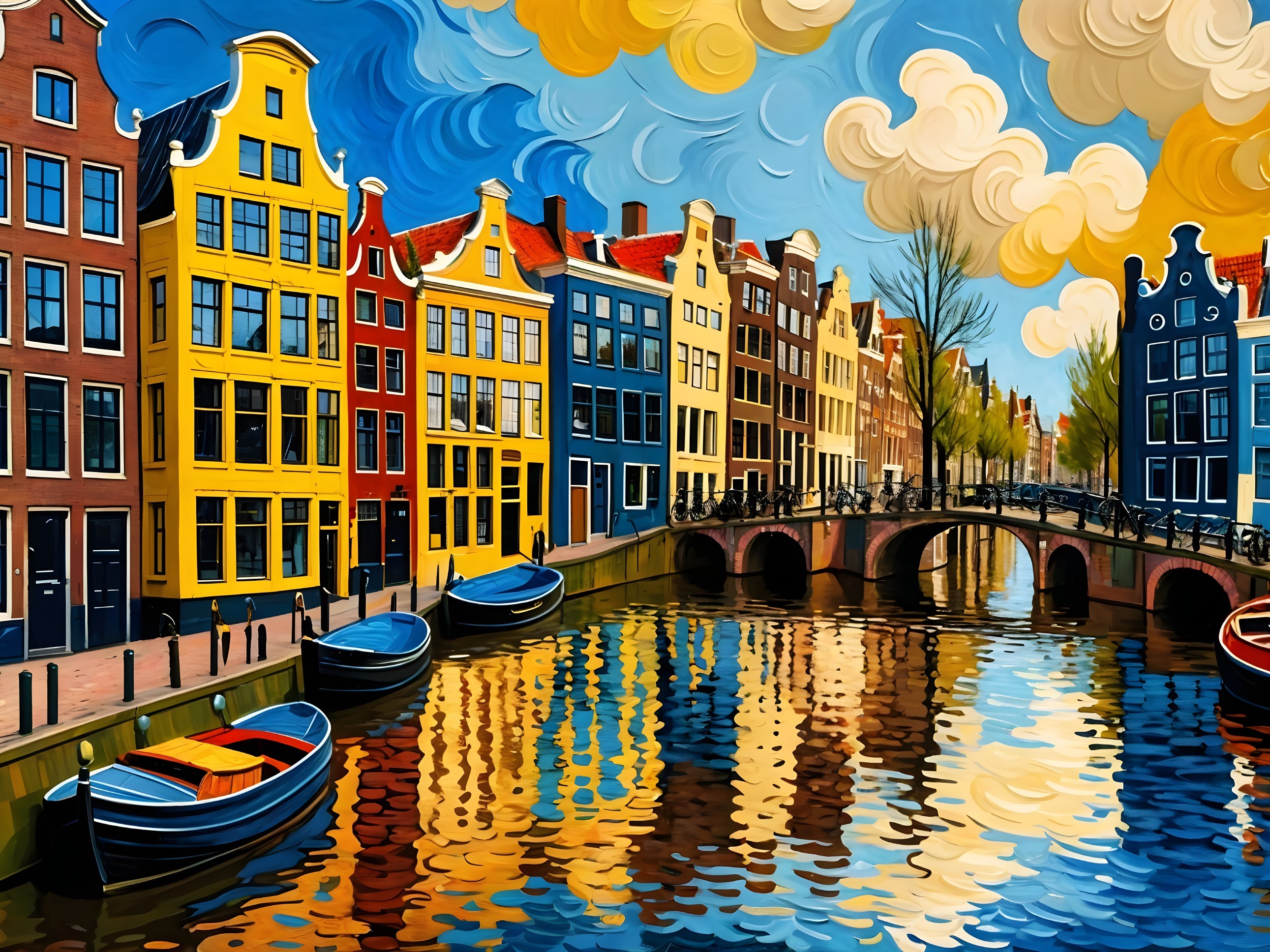 Vibrant Canal Scene with Colorful Gabled Buildings
