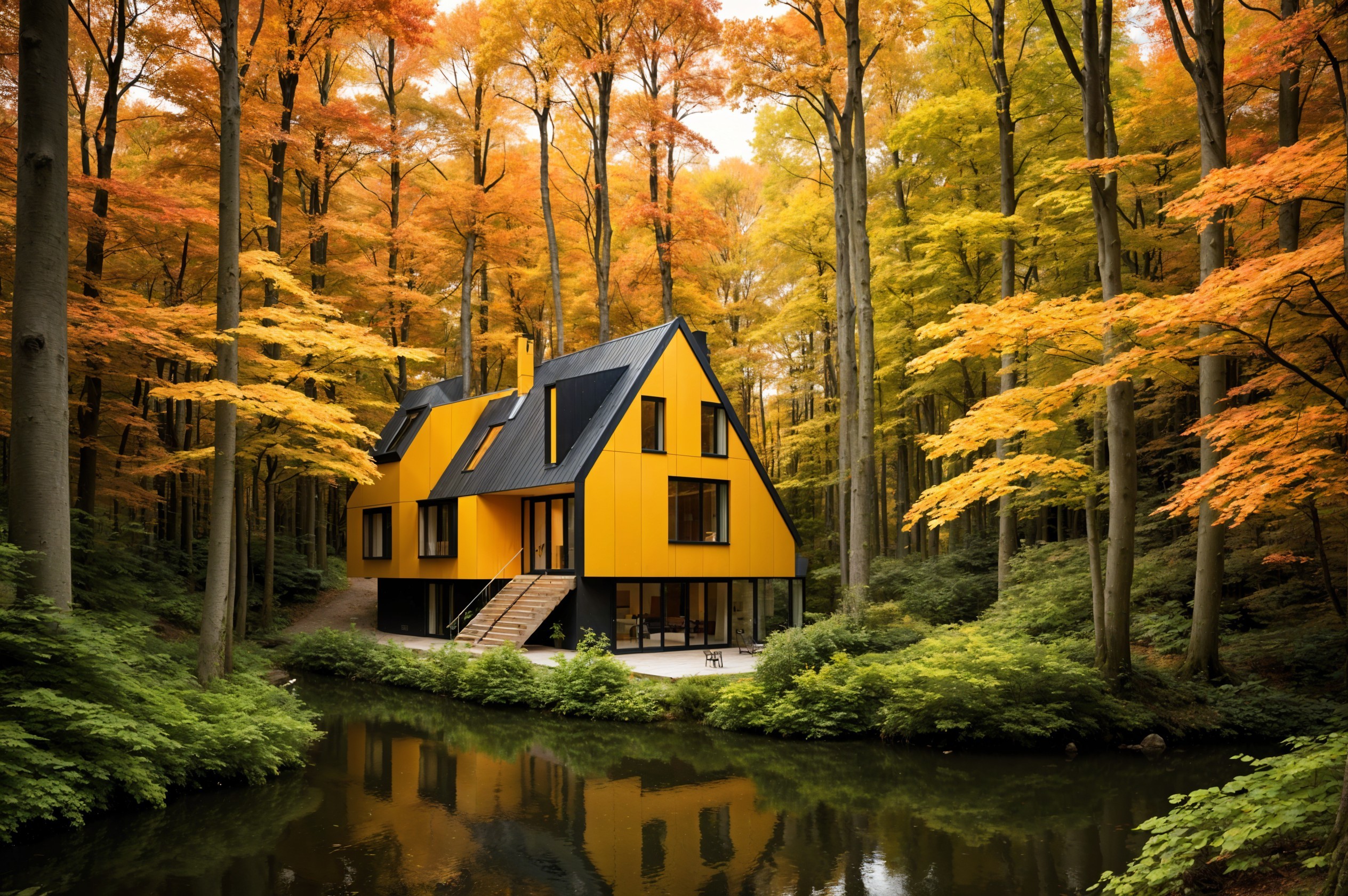 Modern house with yellow facade and autumn scenery