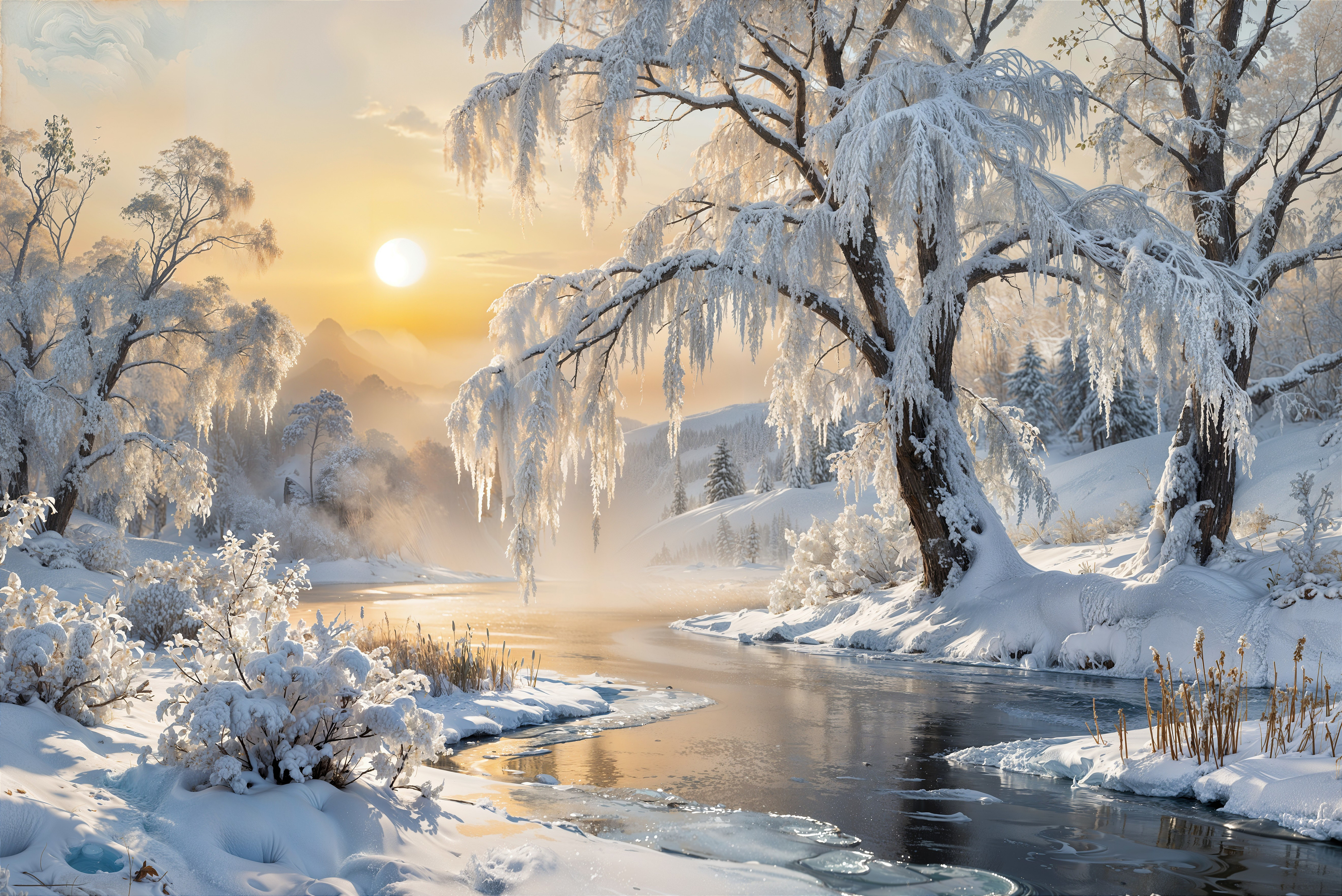 Winter Sunrise Landscape with River and Snow-Covered Trees