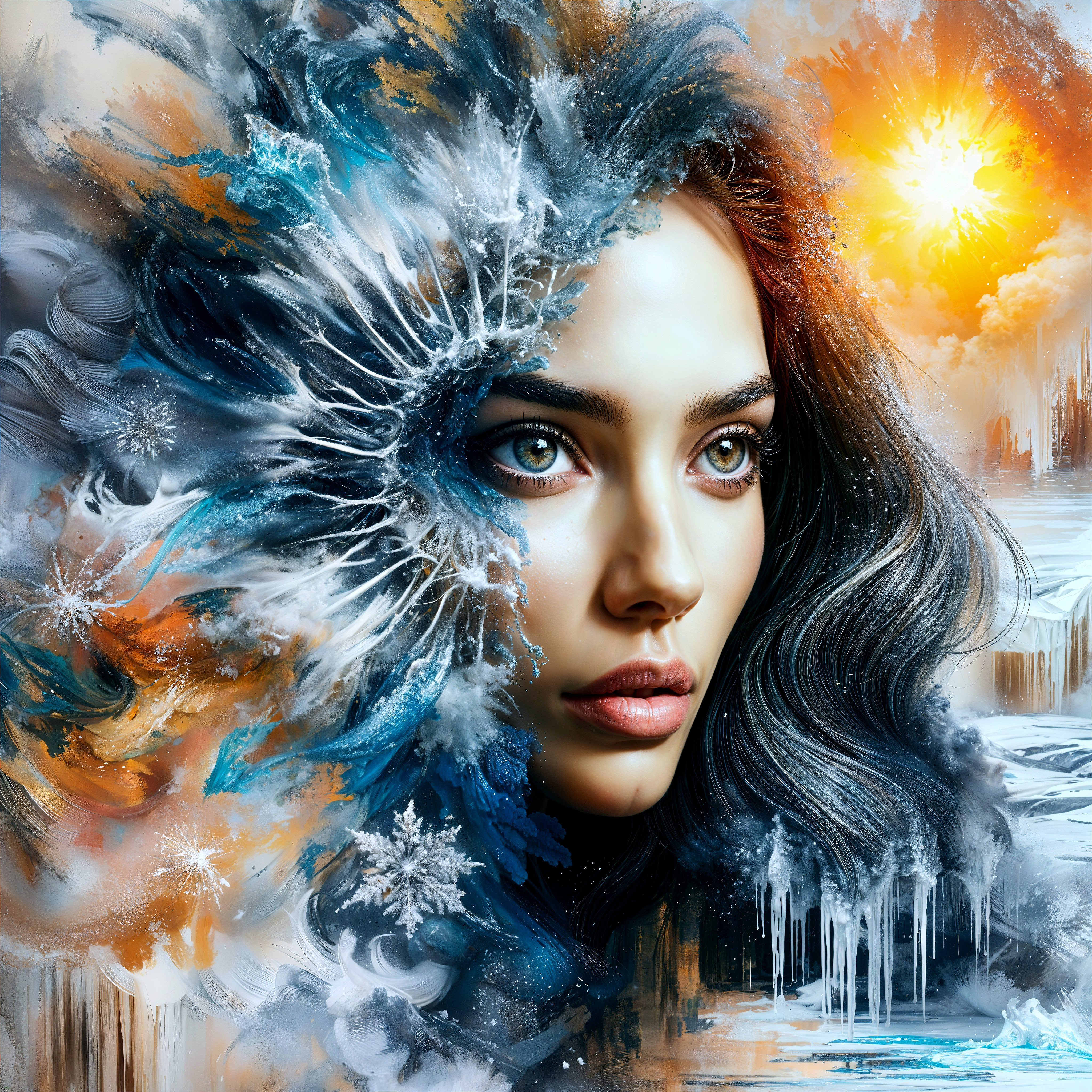 Conceptual Portrait of Woman with Icy and Fiery Elements