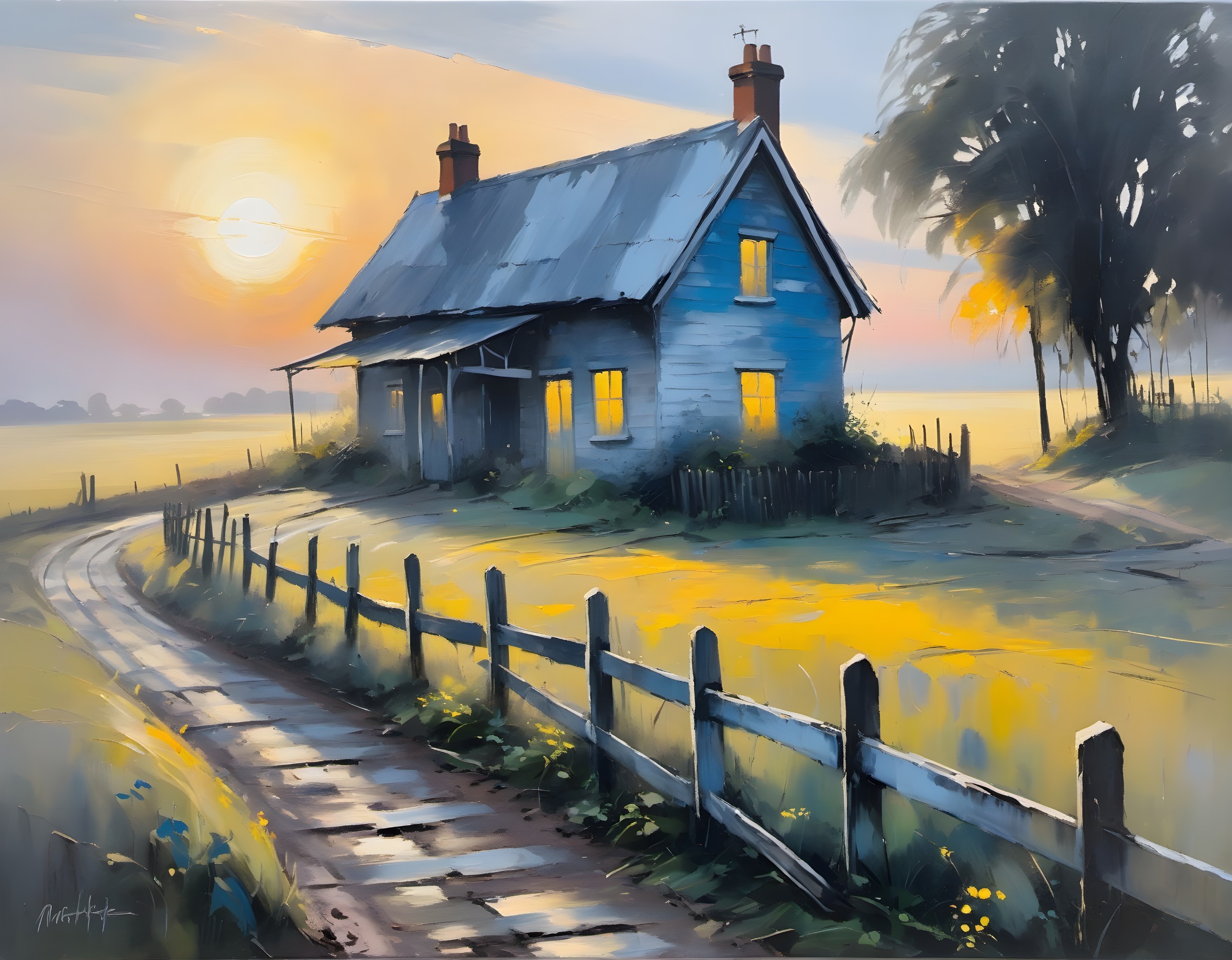 Blue Farmhouse by a Winding Dirt Path at Sunrise