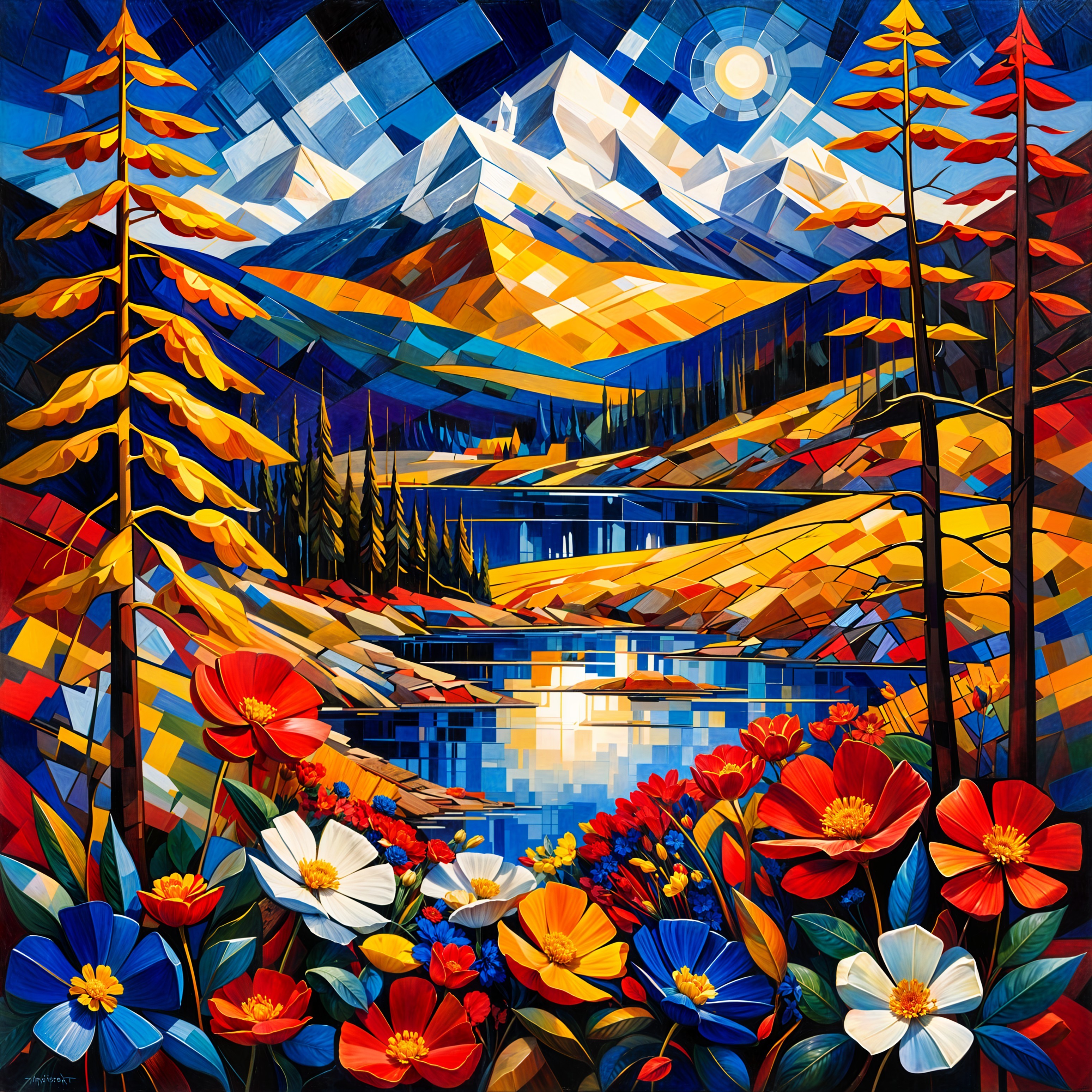 Vibrant Landscape with Lake, Mountains, and Flowers