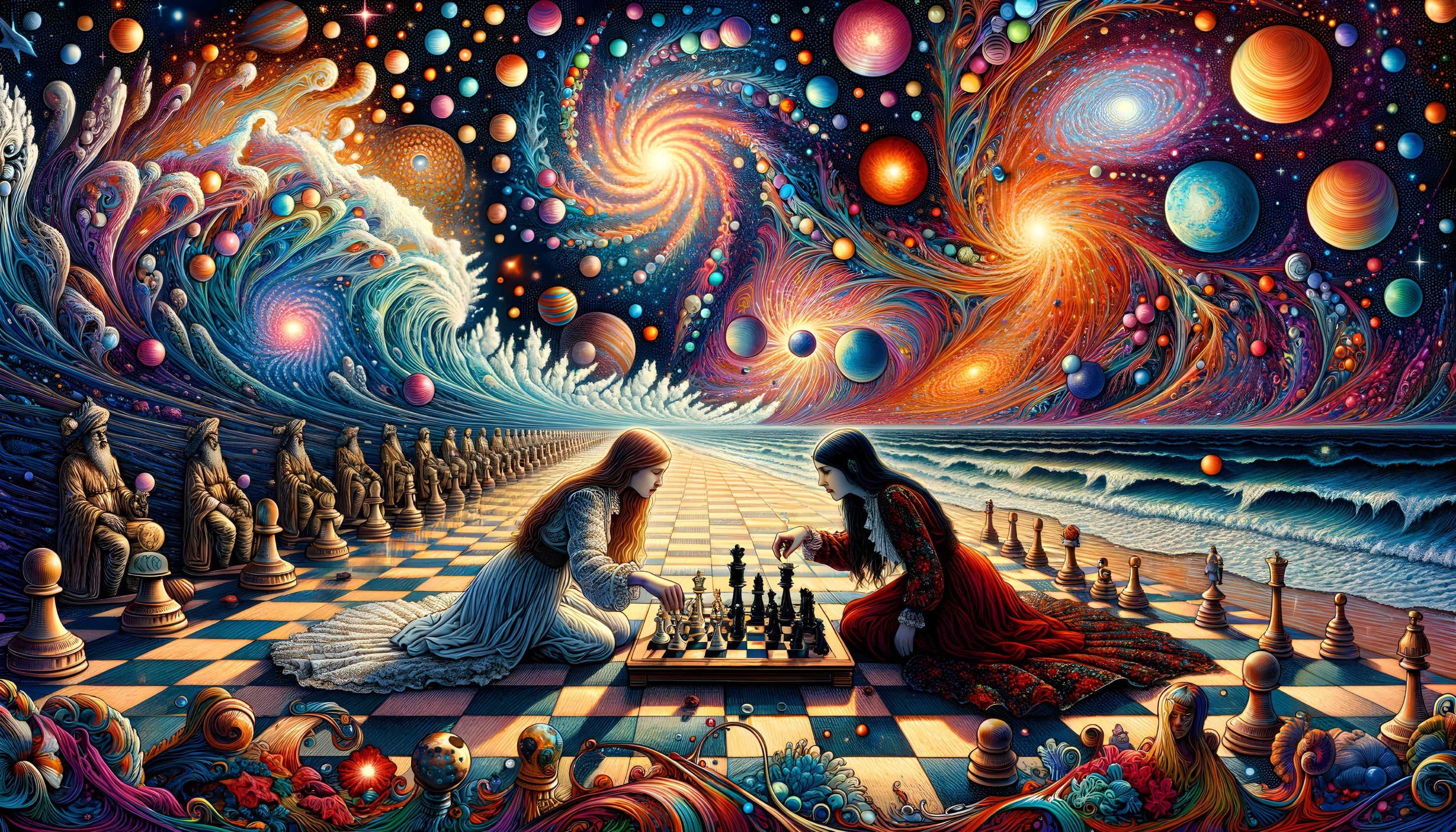 Stylized chess players on beach under cosmic sky