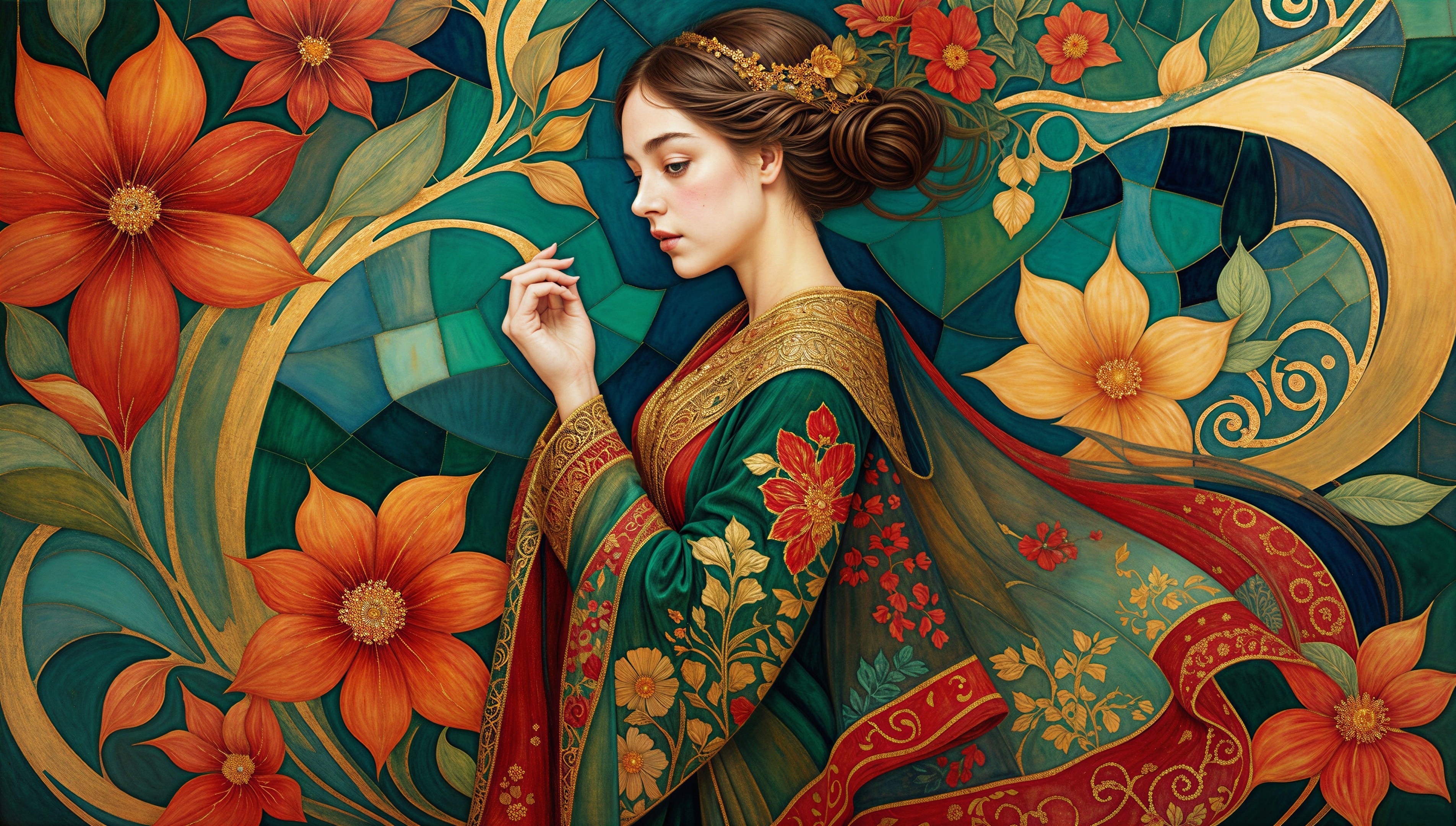 Ornate gown woman in floral and patterned backdrop