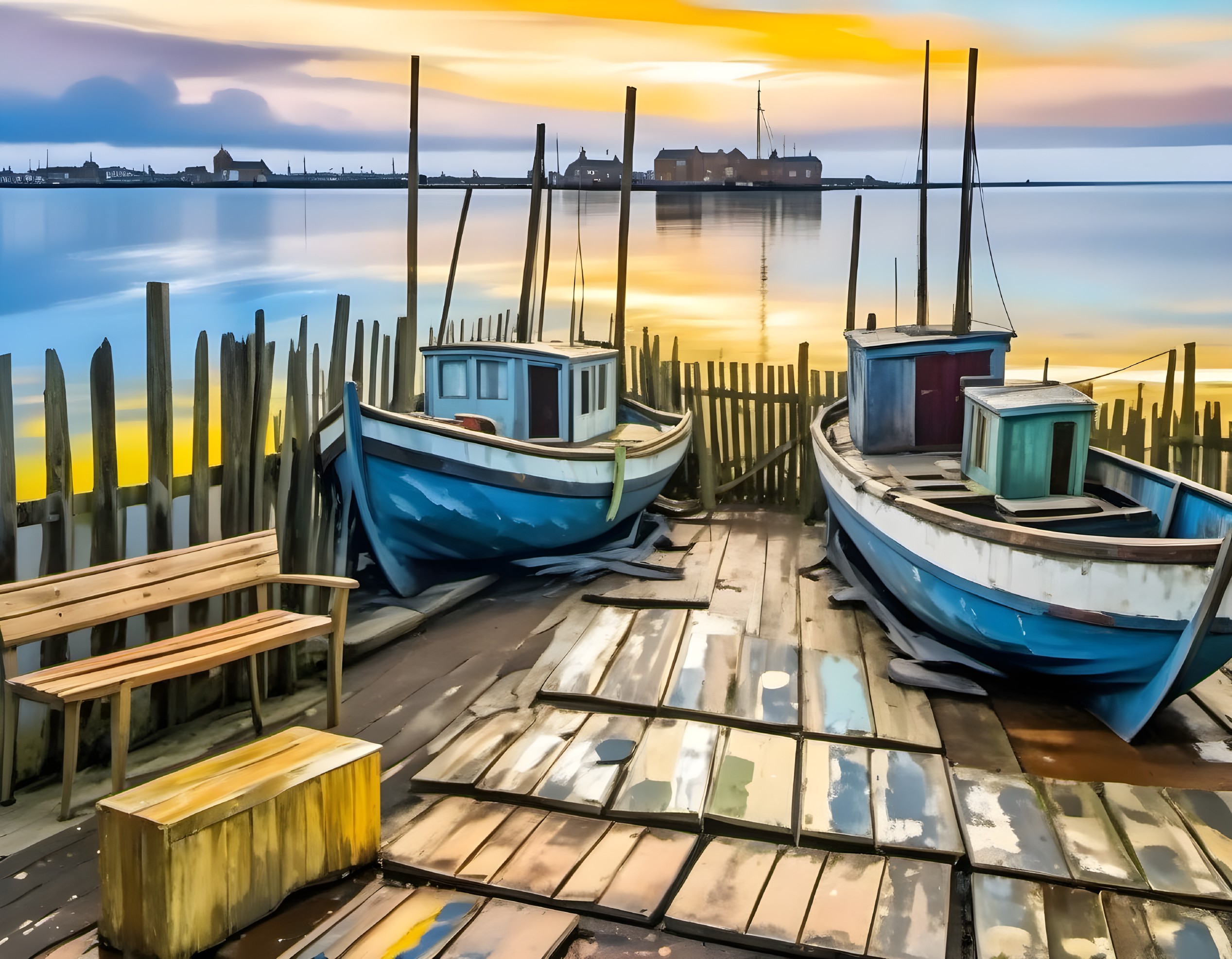 Serene Seaside Scene with Fishing Boats at Dawn