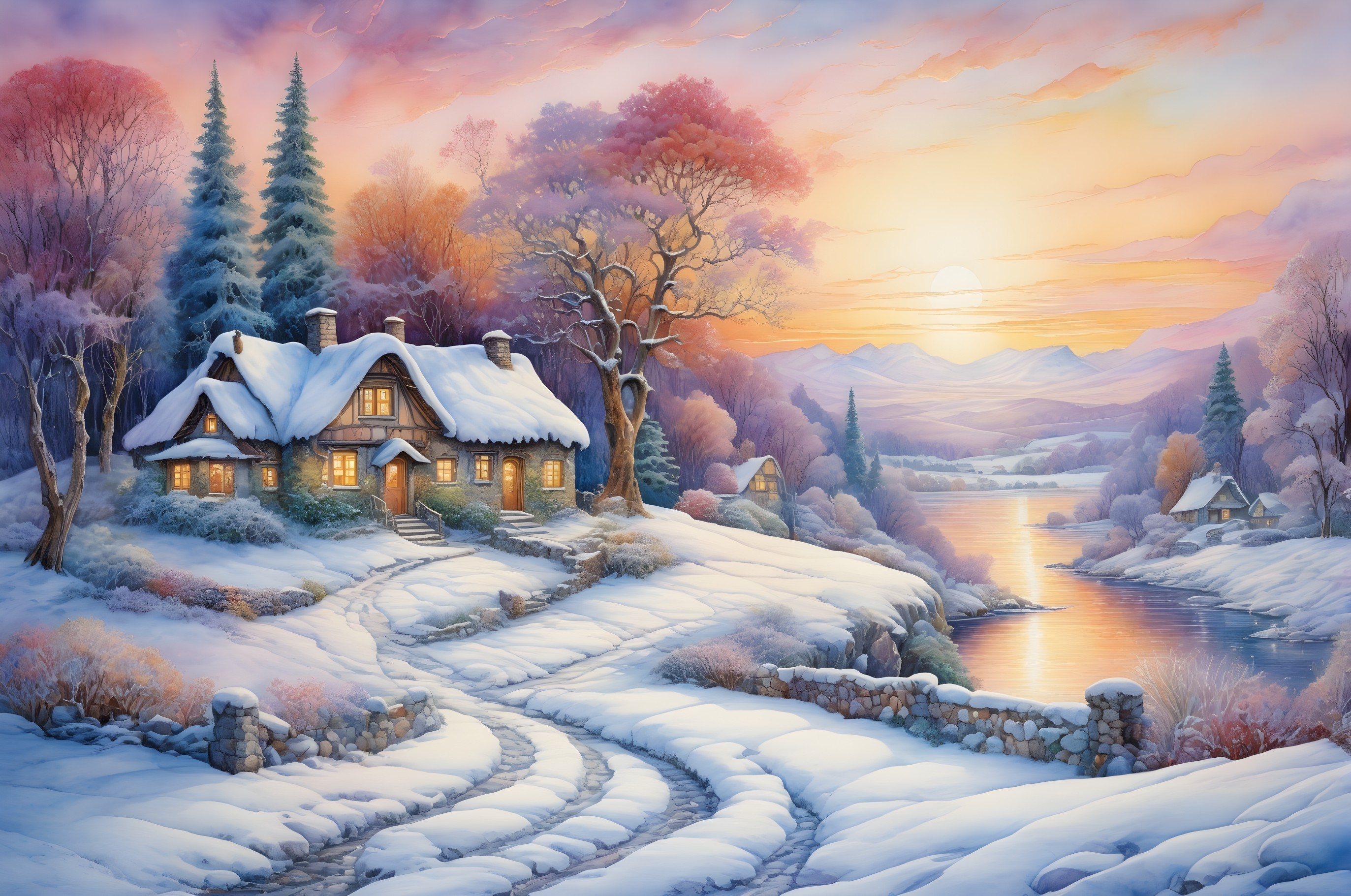 Cozy cottage in snowy landscape at sunset