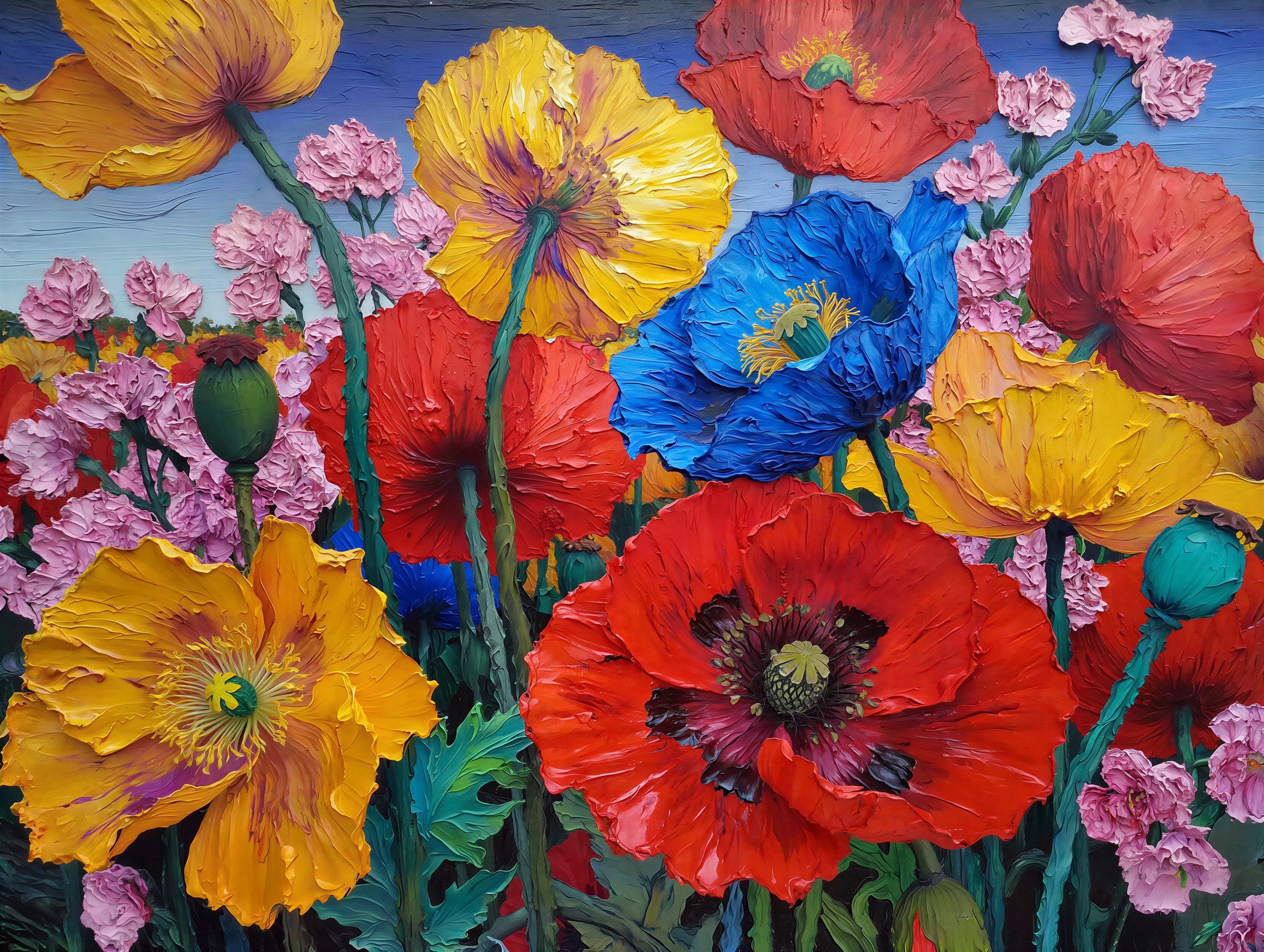 Impressionist Oil Painting of Colorful Poppies in Field