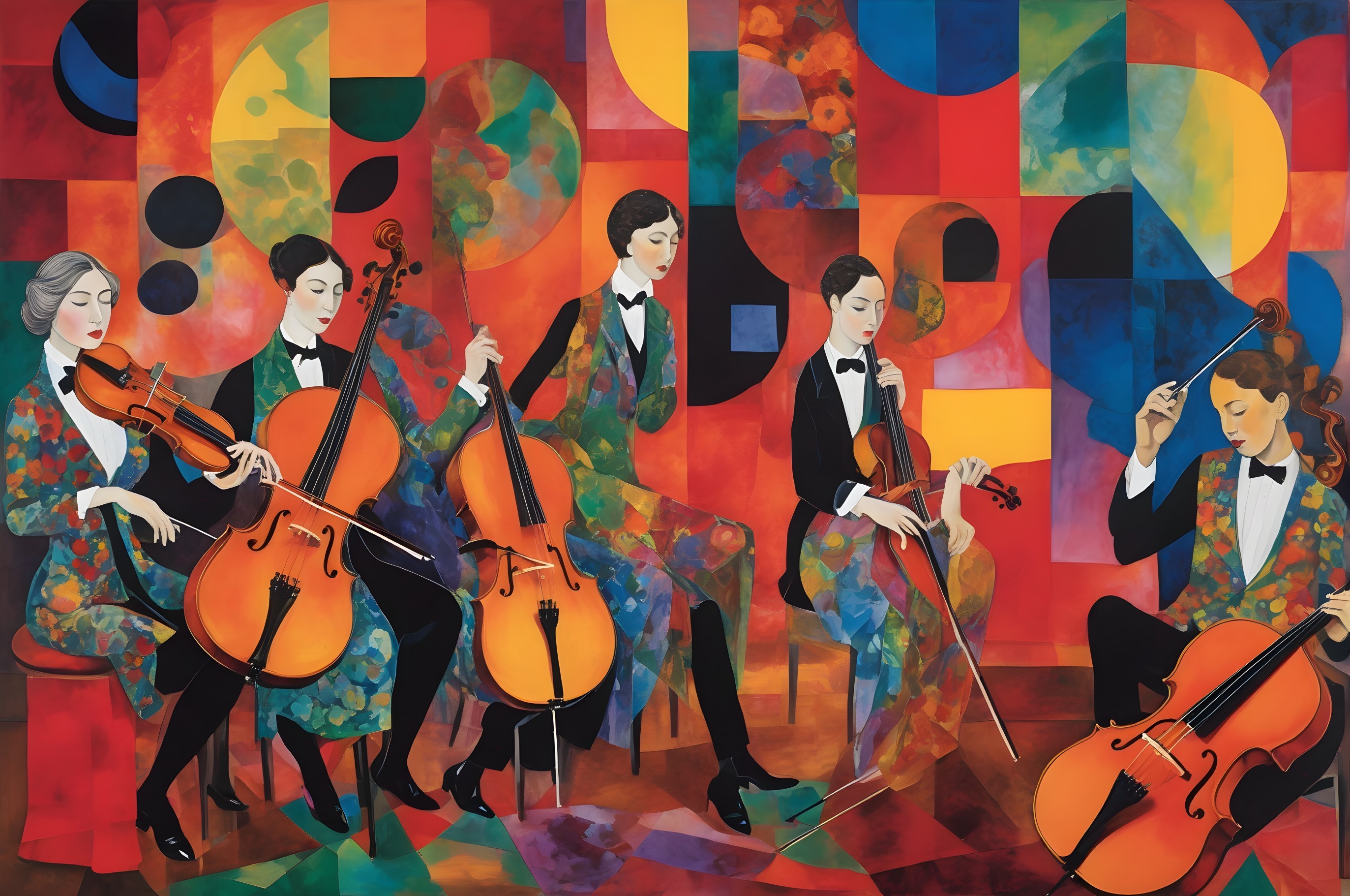 Colorful Painting of a String Quartet with Musicians