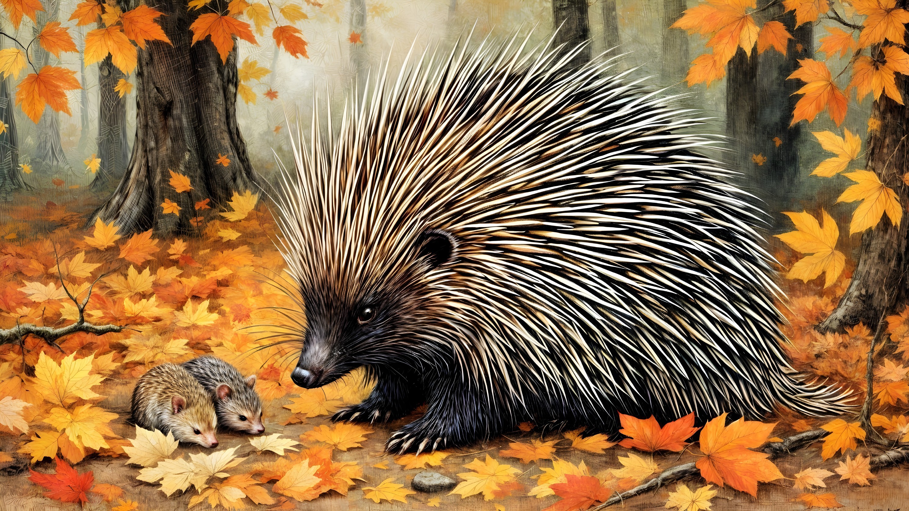 Detailed Porcupines in a Serene Autumn Forest