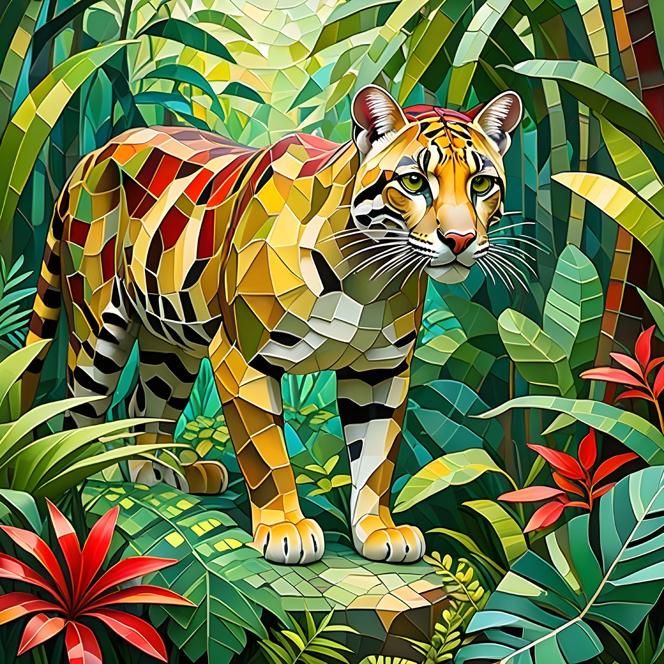 Geometric Tiger in Tropical Landscape Artwork