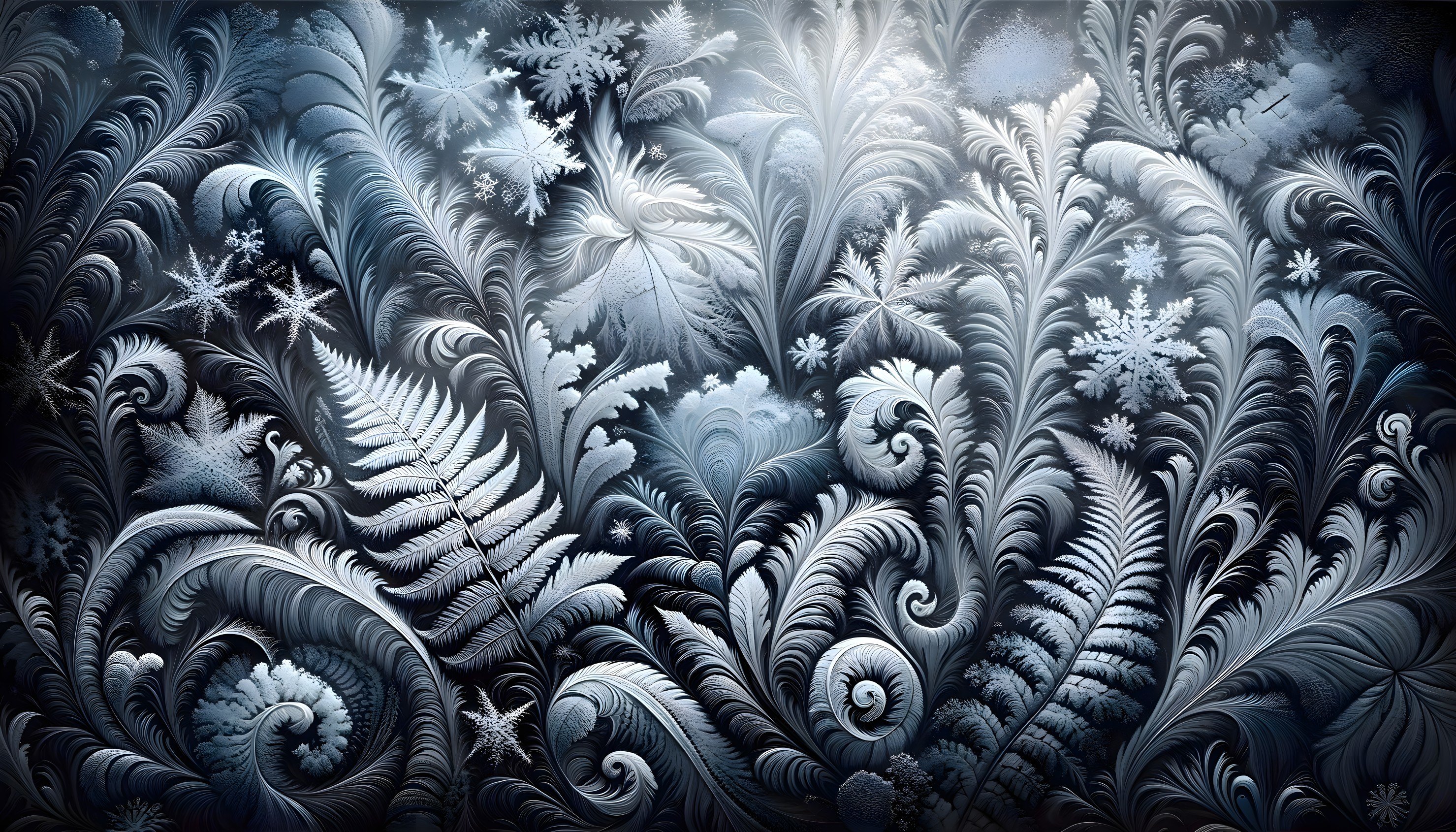 Detailed frost pattern: swirls, fern-like designs, delicate snowflakes.