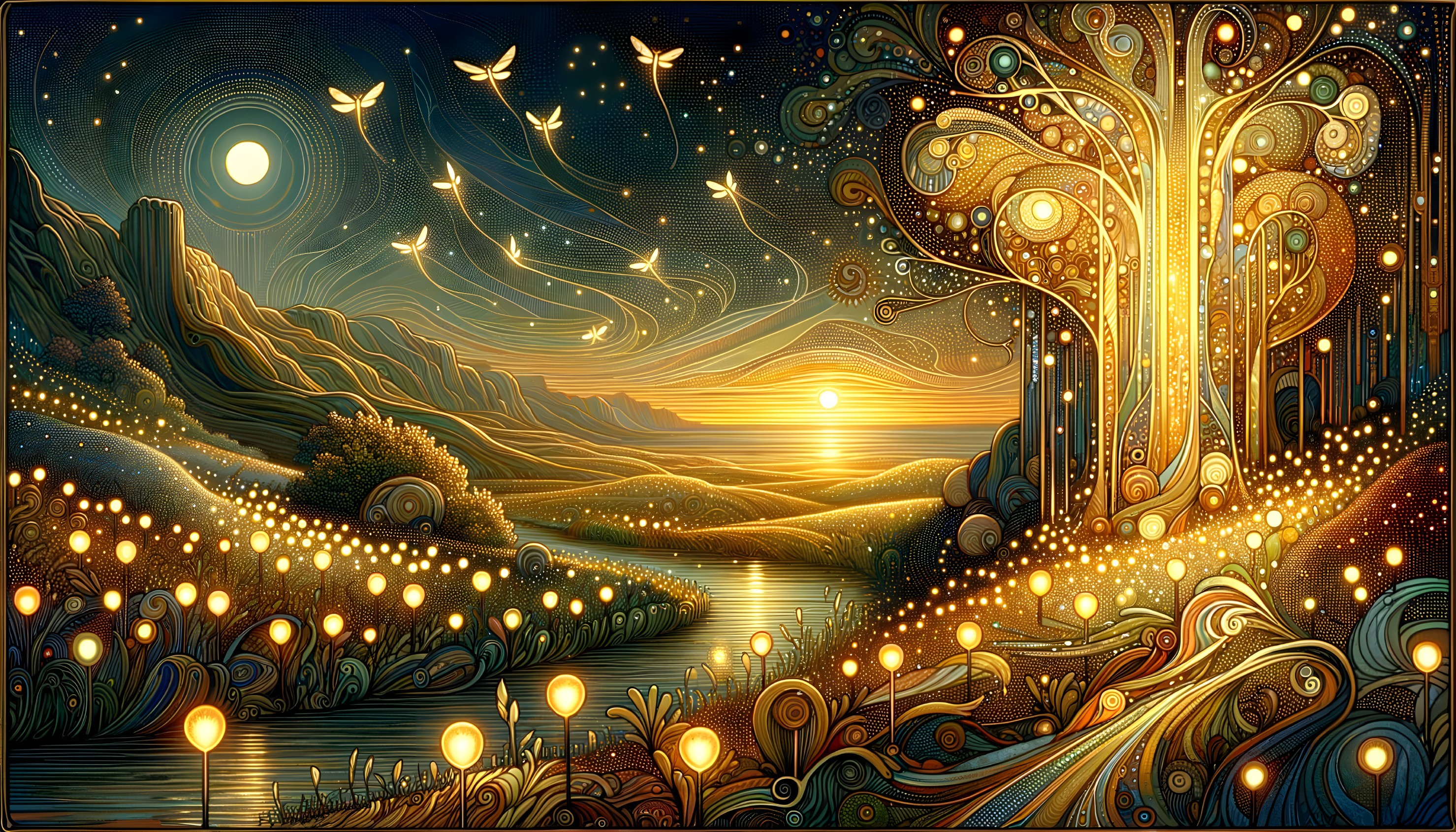 Fantastical twilight landscape with luminous trees and sparkling river