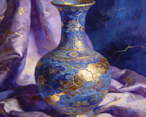 Oil Painting of Blue Vase with Gold Patterns