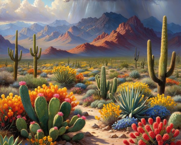 Vibrant Desert Landscape with Wildflowers and Cacti