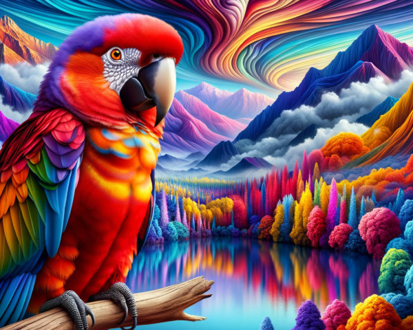Vibrant Parrot in a Surreal Colorful Landscape