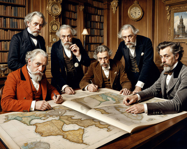 19th-Century Gentlemen Analyzing a Detailed Map